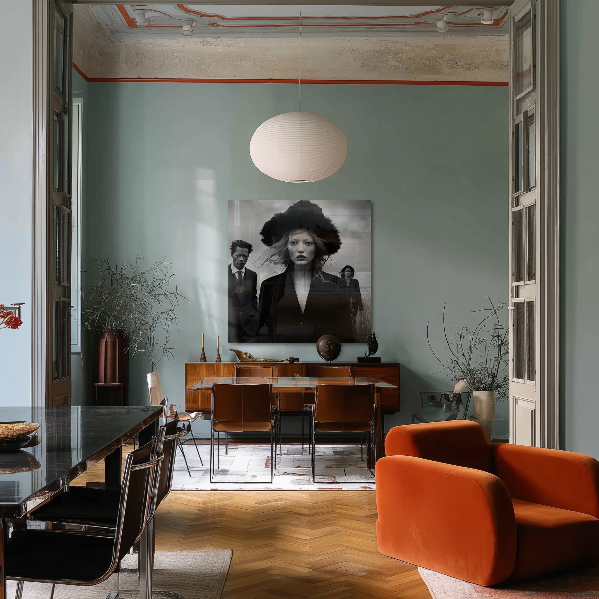 Shades of Tomorrow 7 in a moody walnut study with a leather club chair and brass lamp