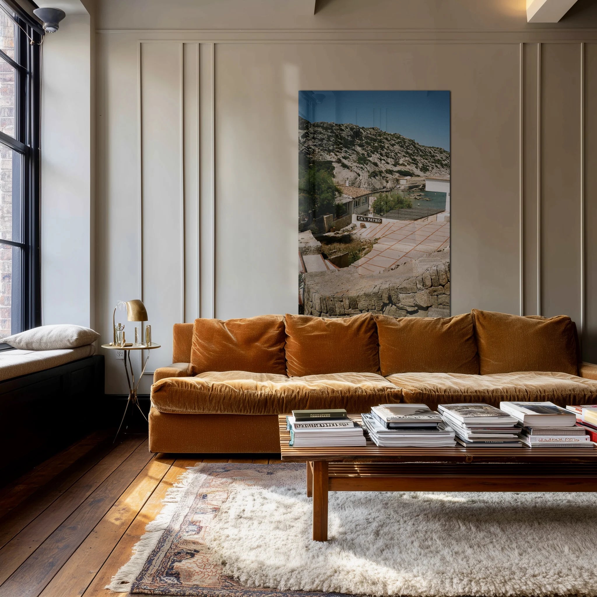 Silent Coast above a low headboard in a calm bedroom of chalk and oak