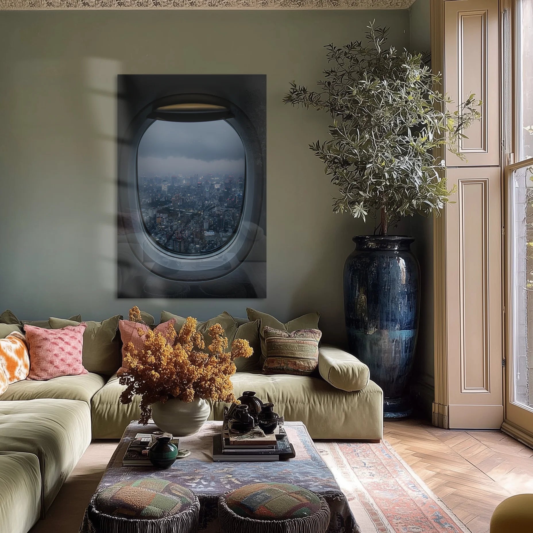 Sneakpeak 2 in a hotel-style suite, neutral palette, oversized scale on plaster