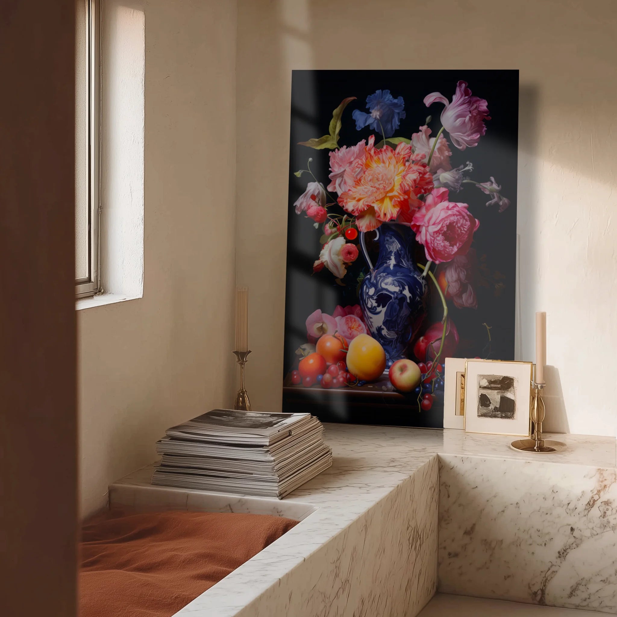 Stiller Life 2 over a walnut credenza in a curated reading nook