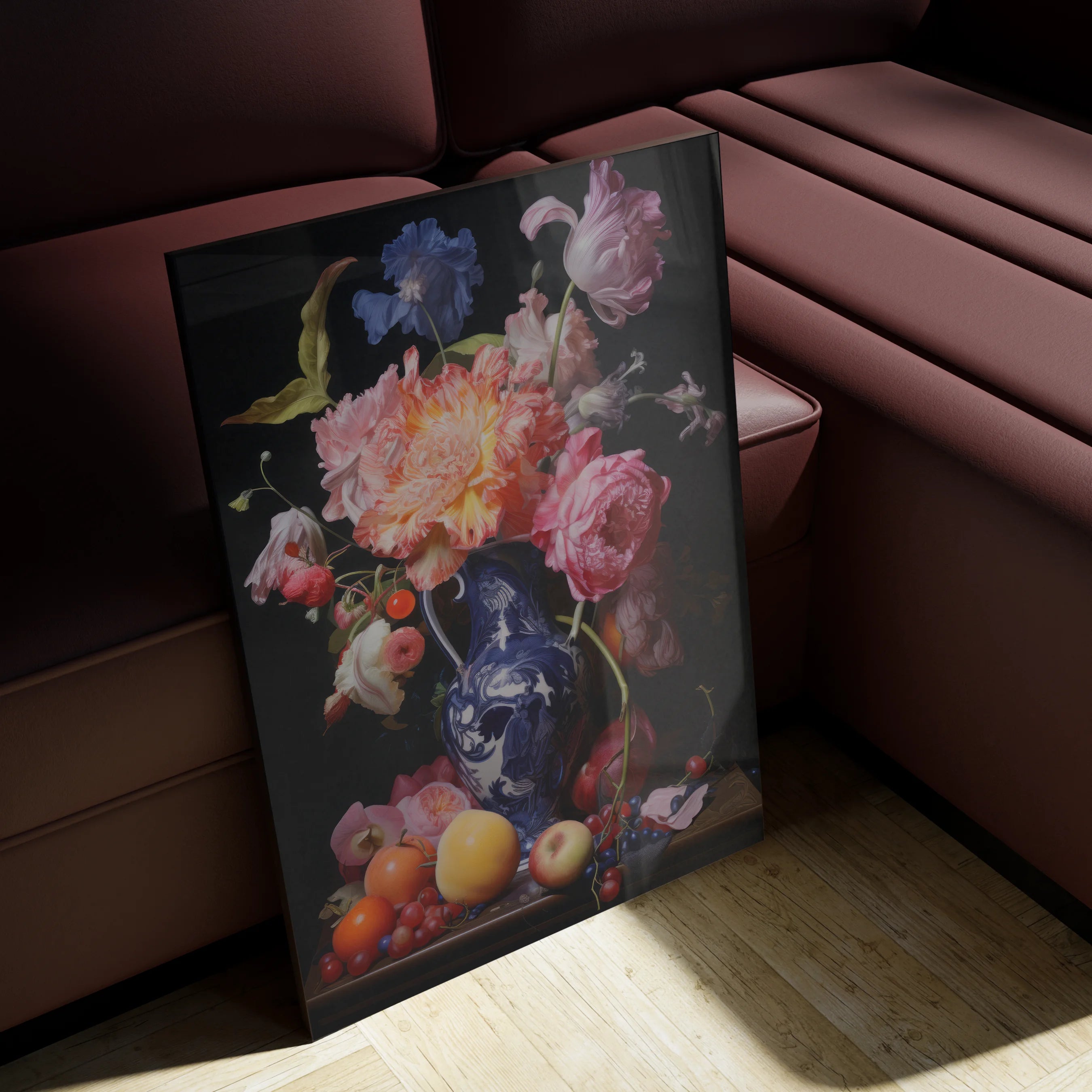 Stiller Life 2 in a hallway gallery wall against deep aubergine paint