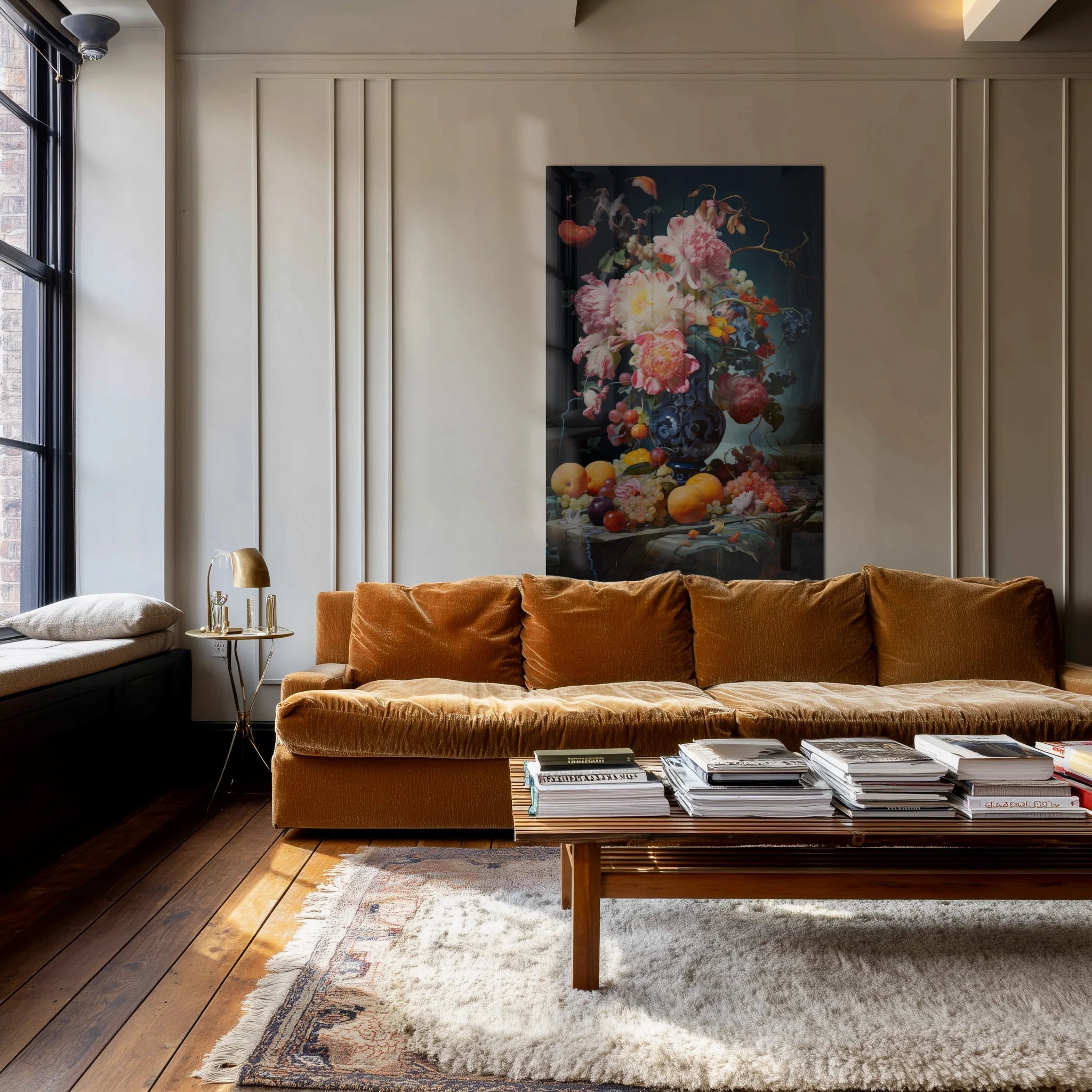 Stiller Life 3 in a dark-wall dining room over a long oak table