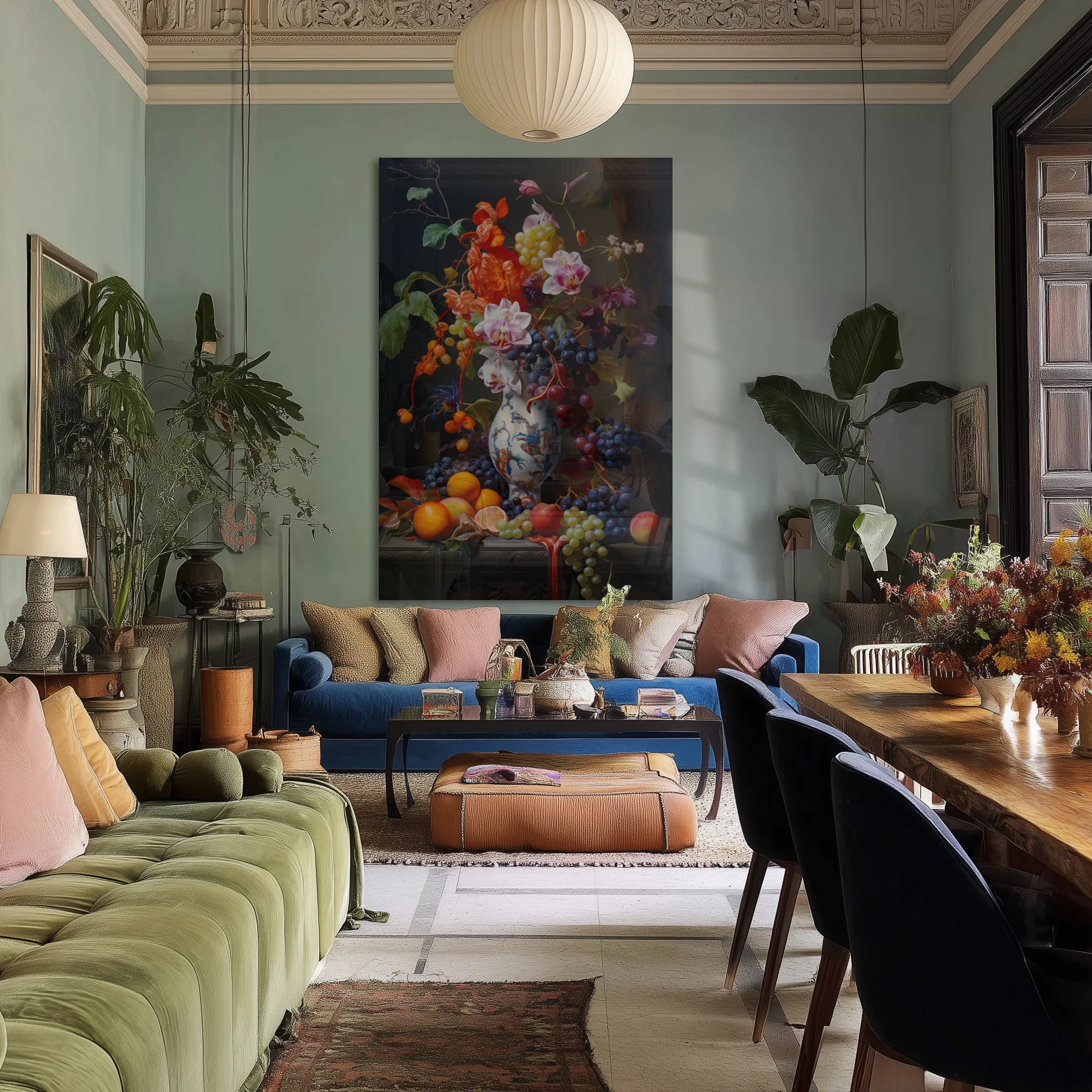 Stiller Life 4 above a linen sofa in a warm low-lit Berlin living room