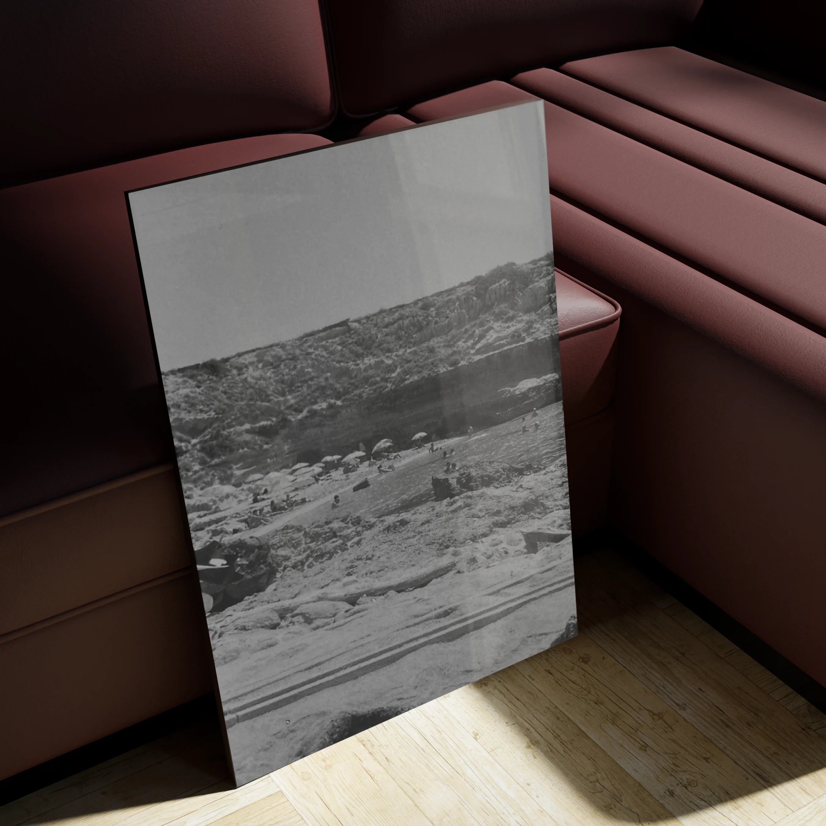 Stone Cathedral in a long hallway gallery wall, Mediterranean cove framed in soft grain