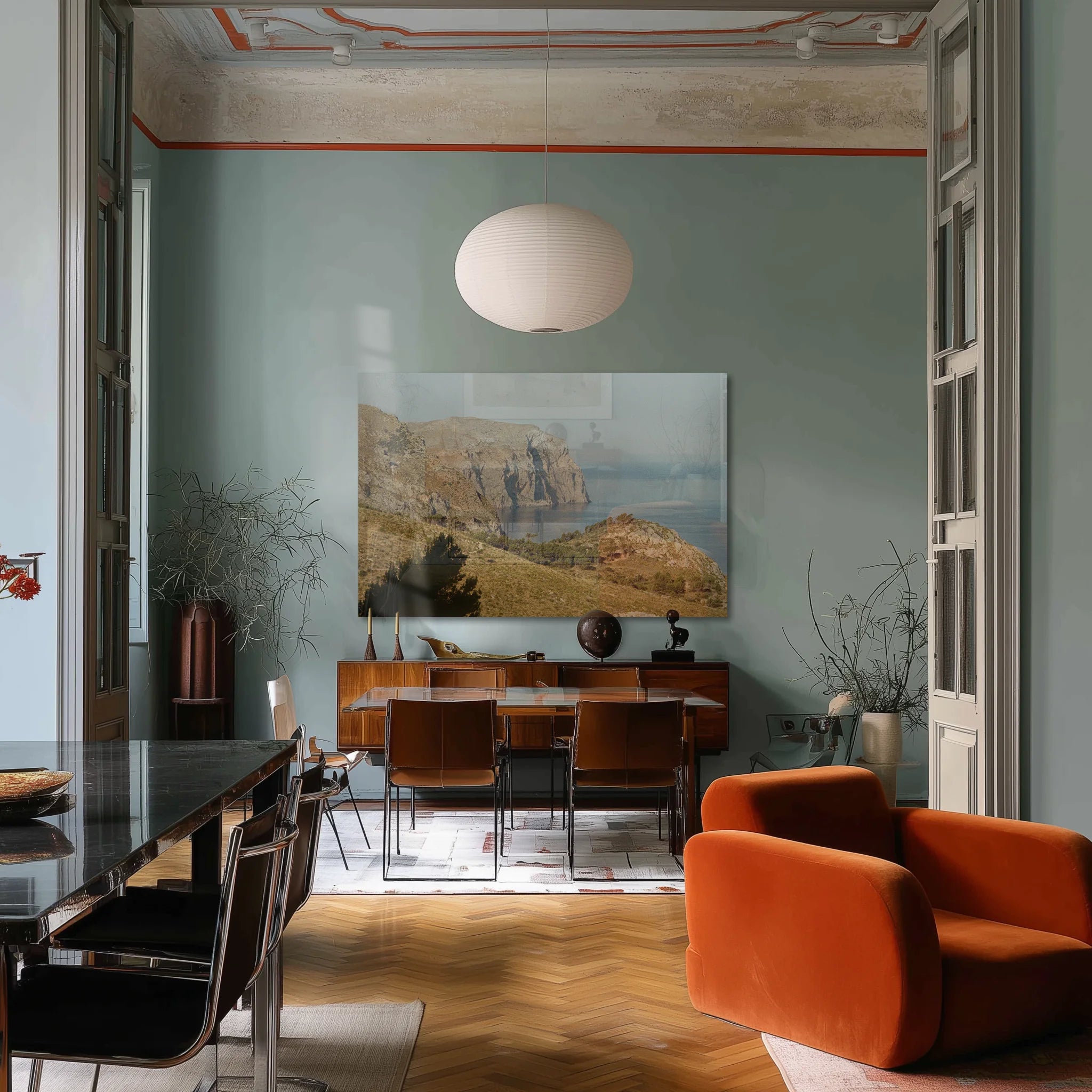 Verde Mare in a studio office with steel desk lamp and stacked books
