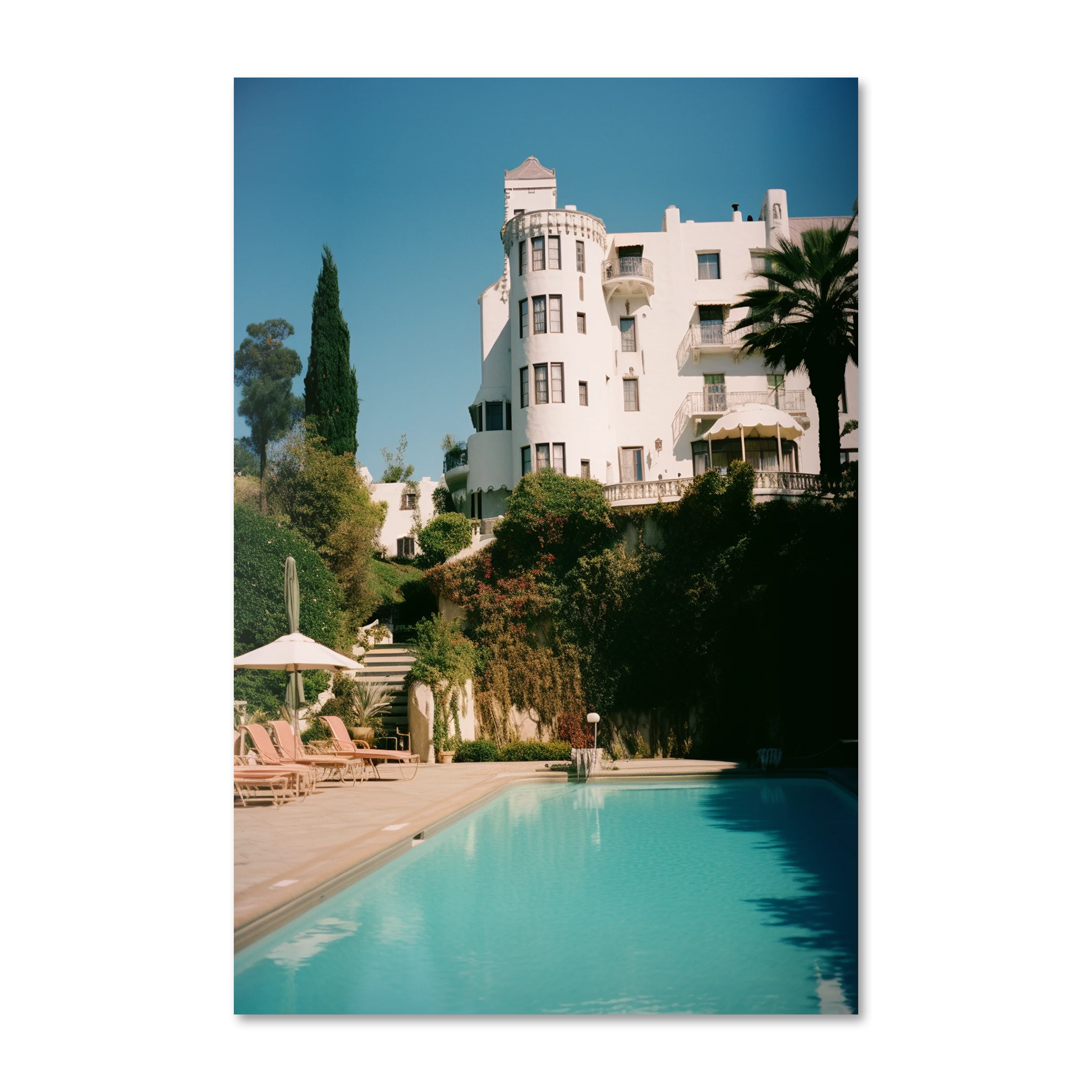 80's Hollywood 5 — vintage glamour wall art of a white hilltop hotel and turquoise pool on Alu-Dibond