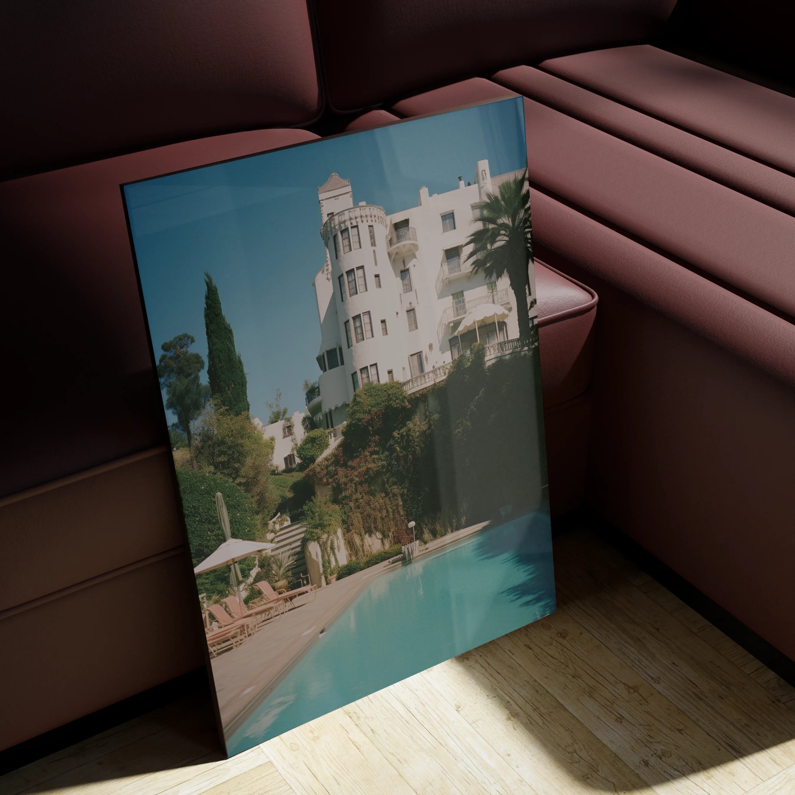 80's Hollywood 5 in a soft modernist bedroom, dusty pink walls and unmade bed