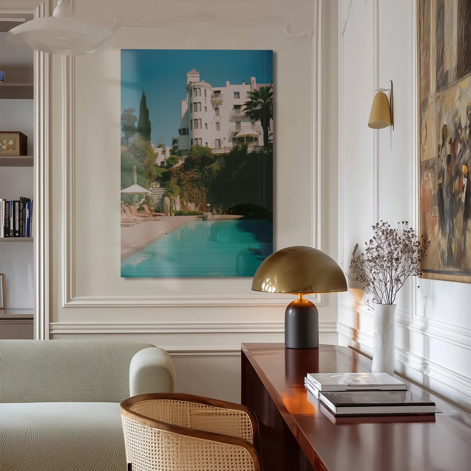 80's Hollywood 5 in a Mid-Century lounge, rattan chair, palm fronds catching window light