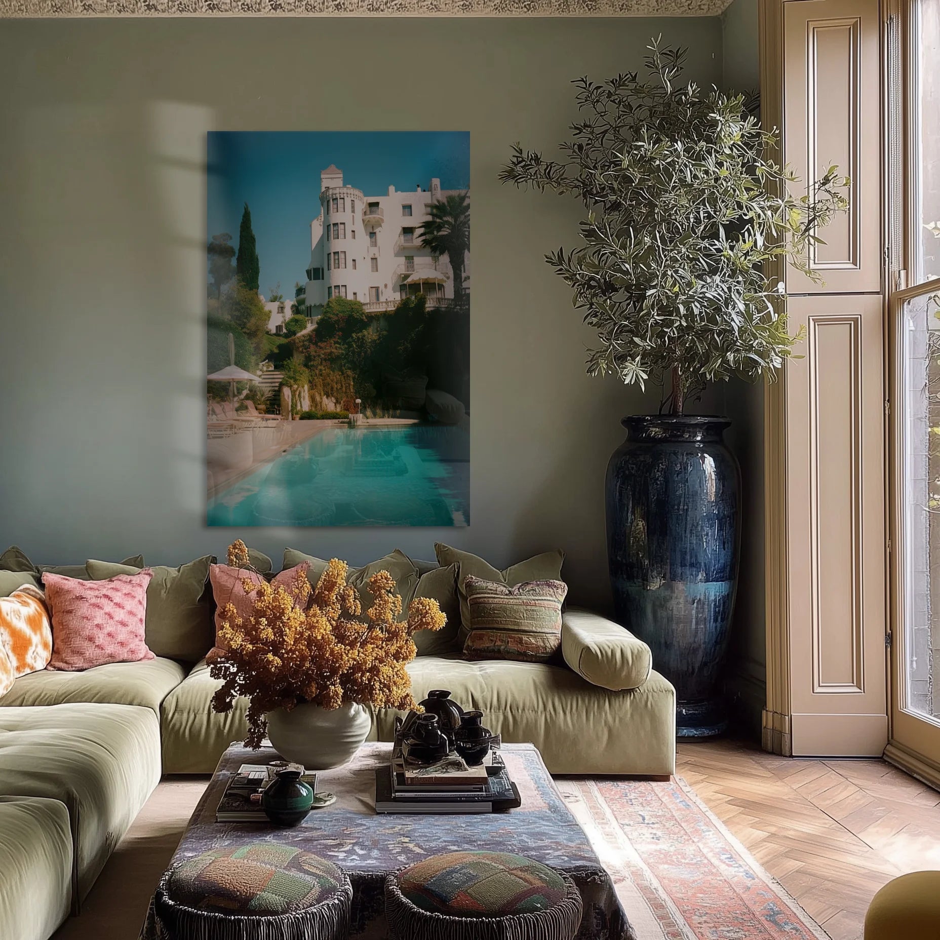 80's Hollywood 5 above a velvet bench in a quiet entryway, ceramic vase with eucalyptus