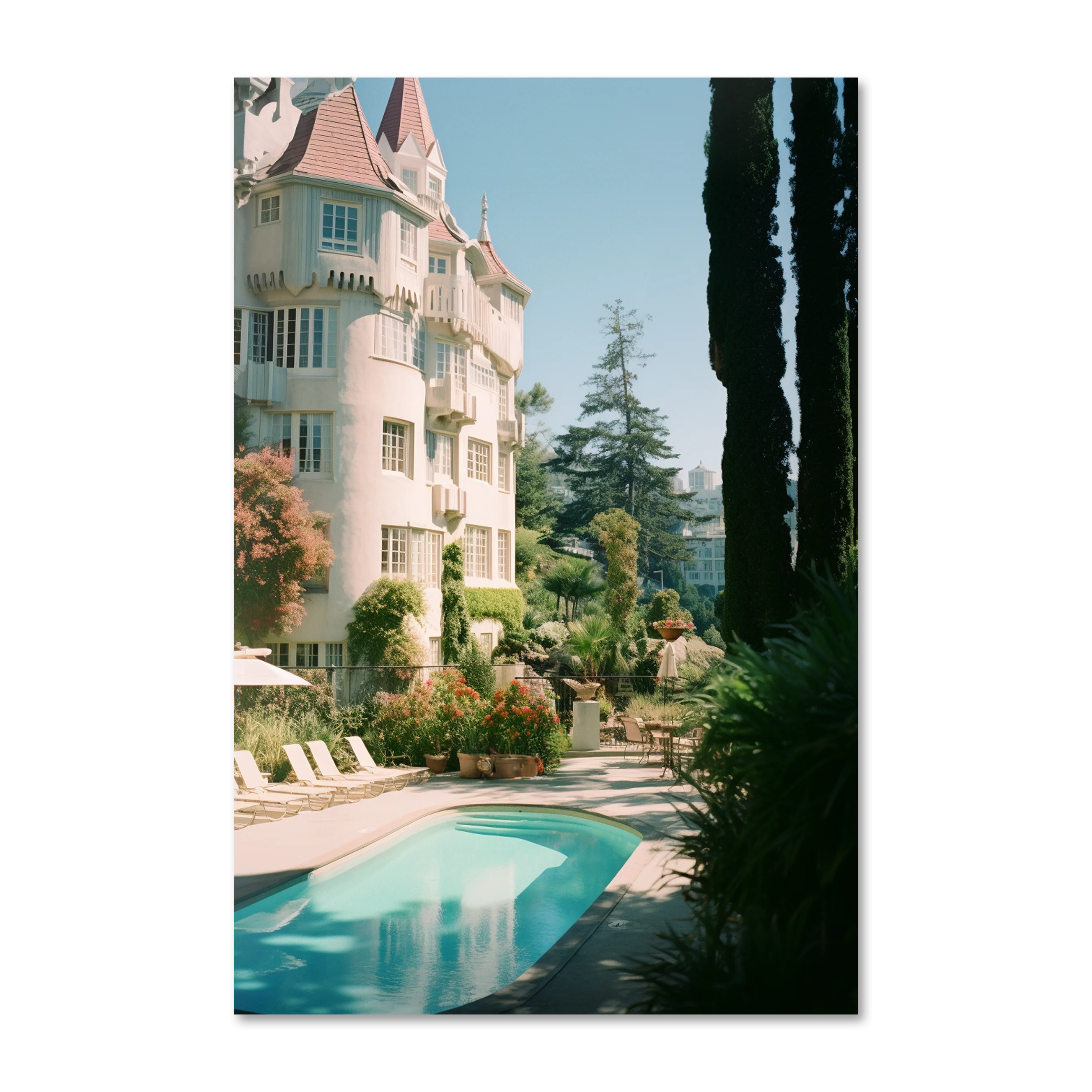 80's Hollywood 6 — sun-warmed pool and cream turret on frameless Alu-Dibond wall art