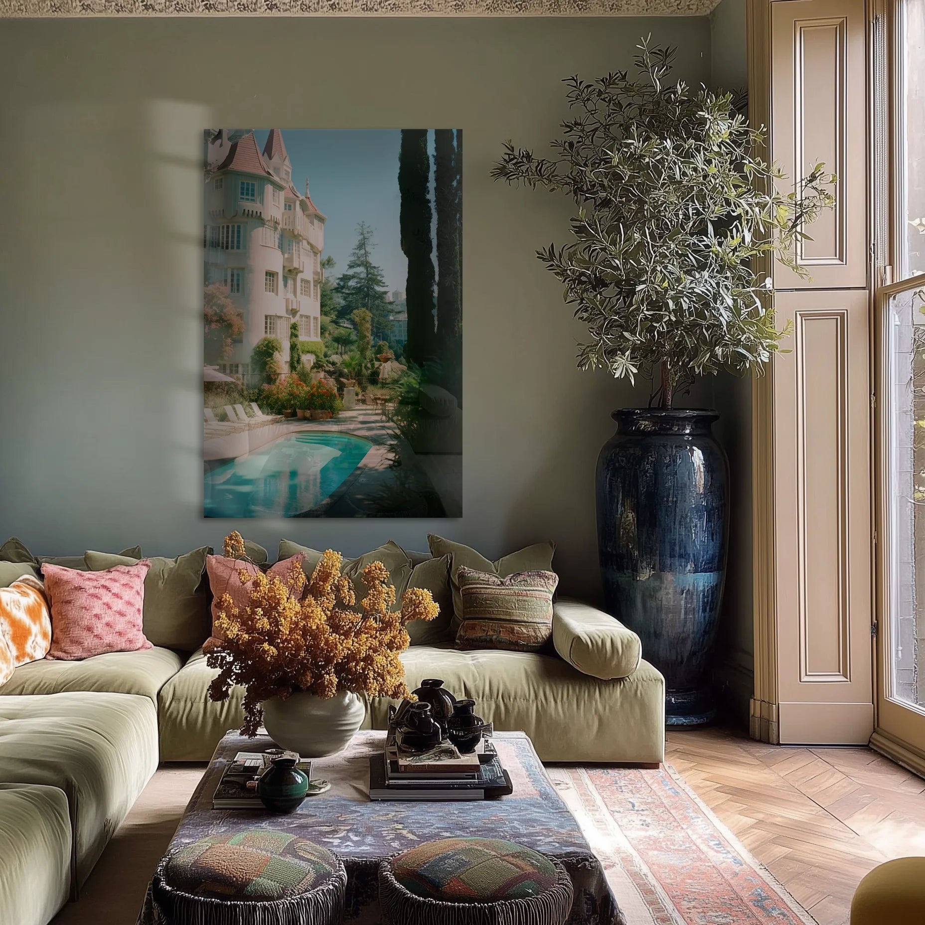 80's Hollywood 6 in a softly lit reading corner with a leather armchair