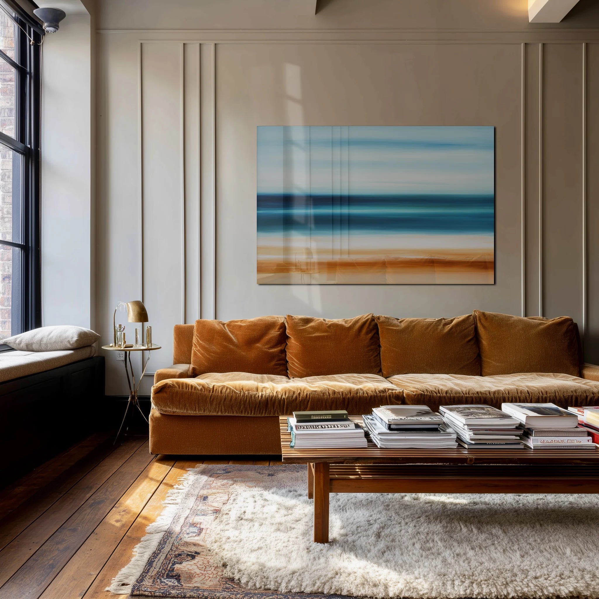 Abstract Costal Landscape 1 above a long linen sofa in a warm Berlin altbau living room