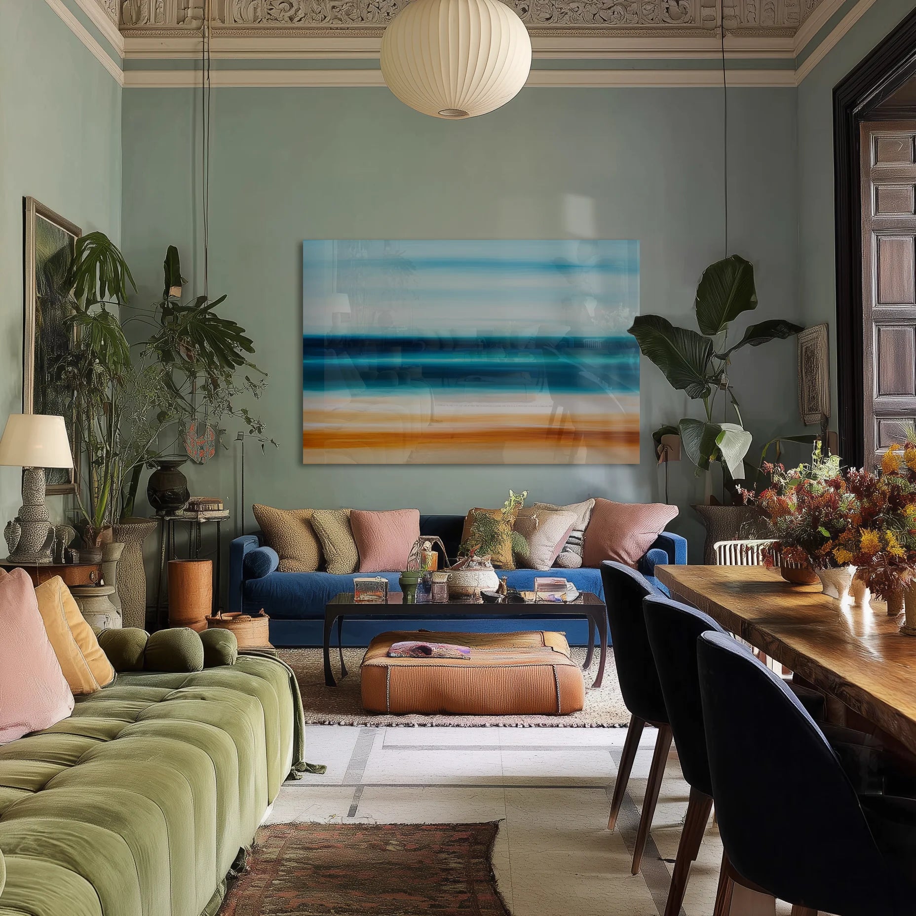 Abstract Costal Landscape 1 in a bright hallway with a long oak console and ceramic vase