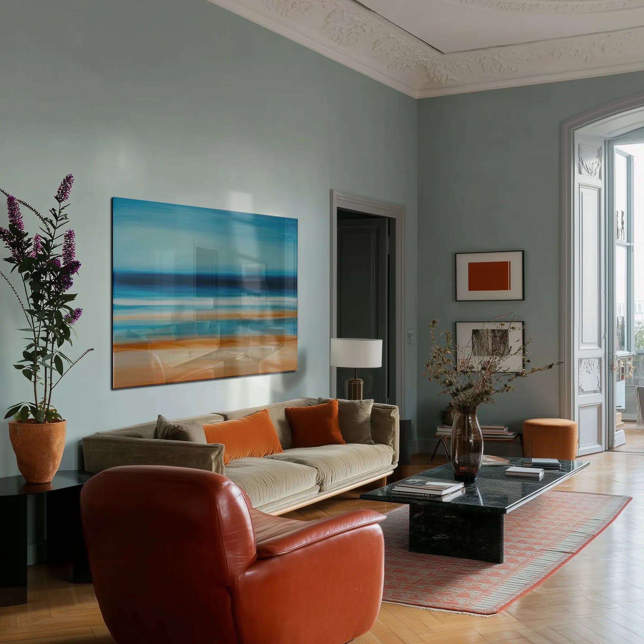 Abstract Costal Landscape 2 above a linen sofa in a sunlit Berlin altbau living room