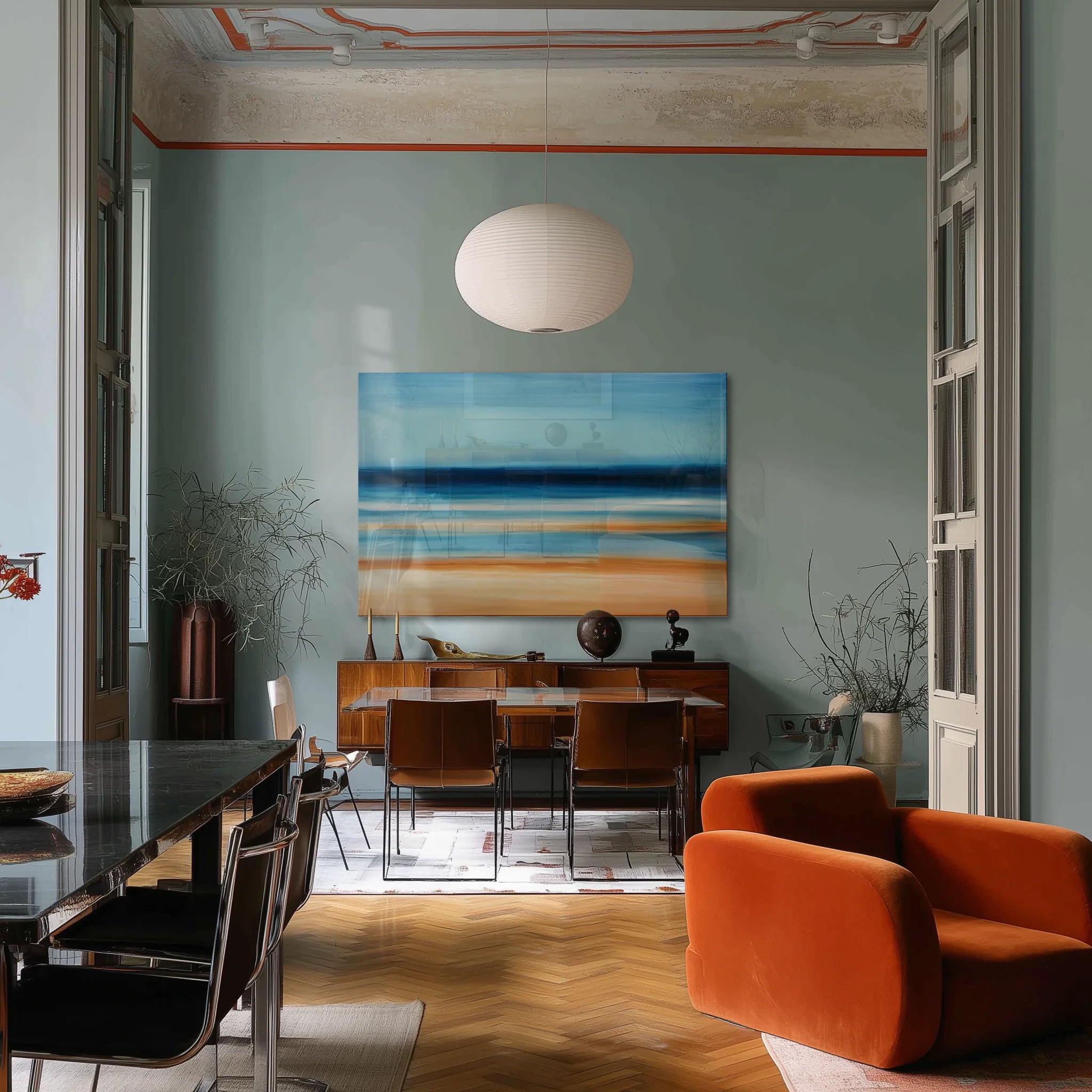 Abstract Costal Landscape 2 in a hotel lounge with leather chairs and brass lamps