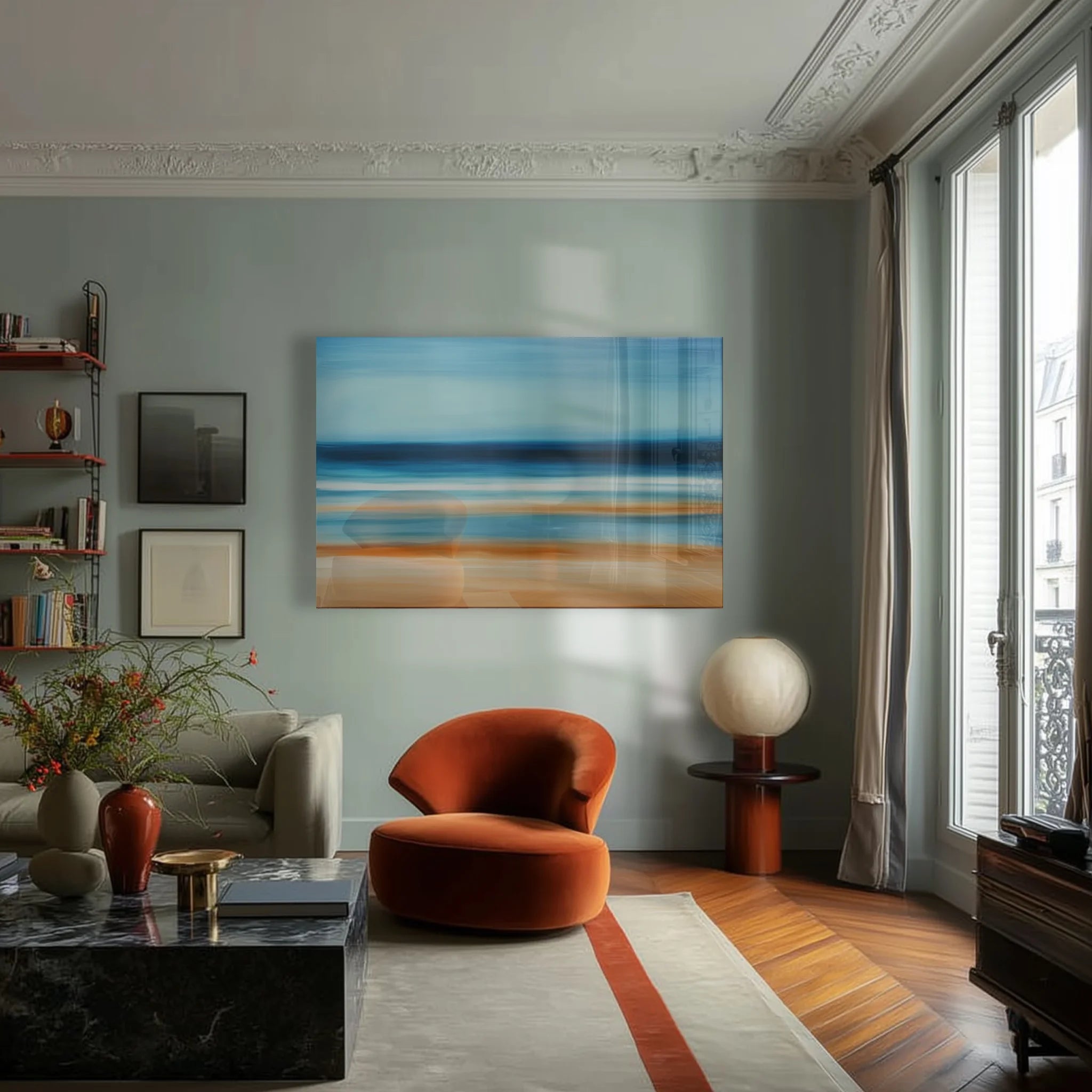Abstract Costal Landscape 2 in a coastal home office with a white desk and ceramics