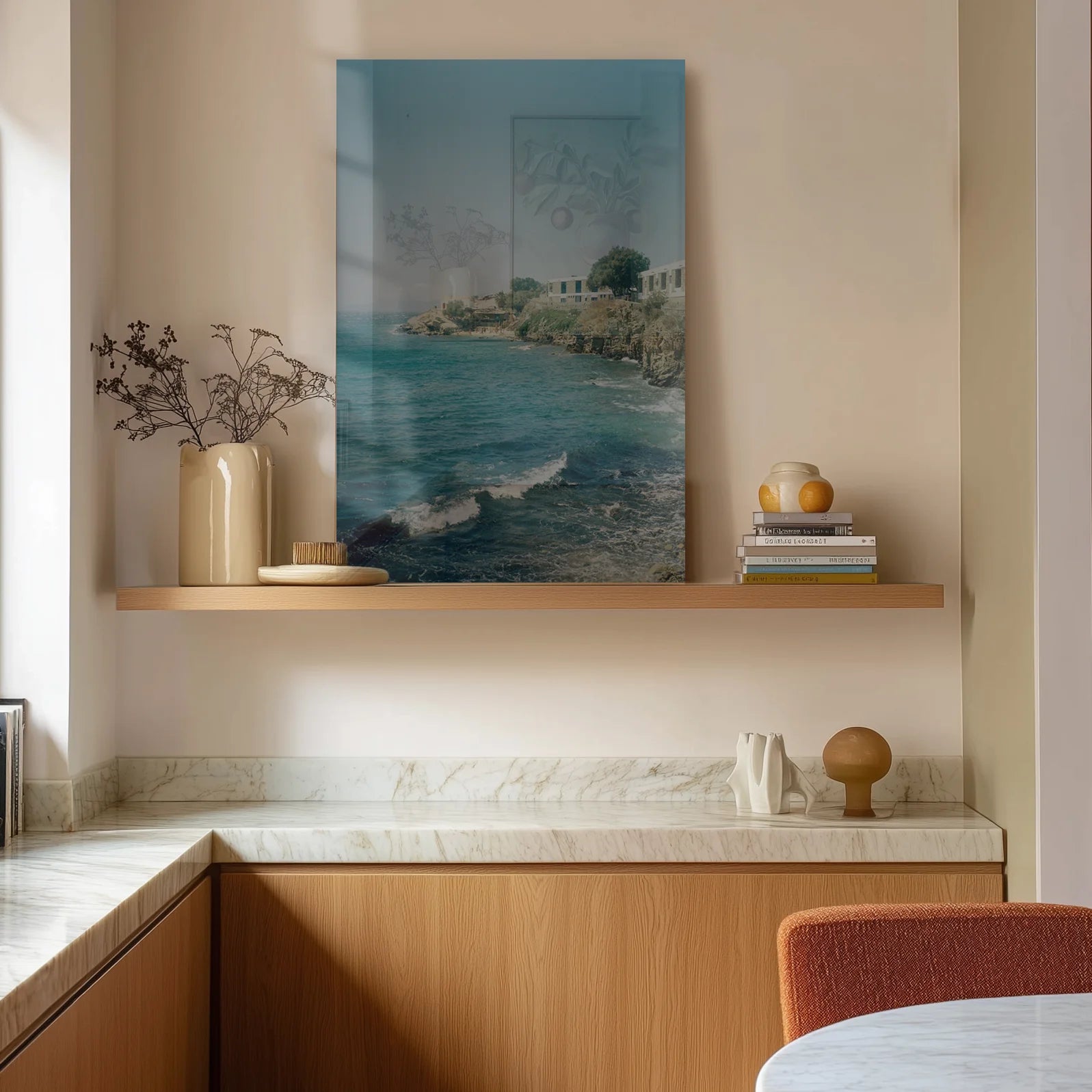 At the Edge in a minimalist marble kitchen with soft afternoon light