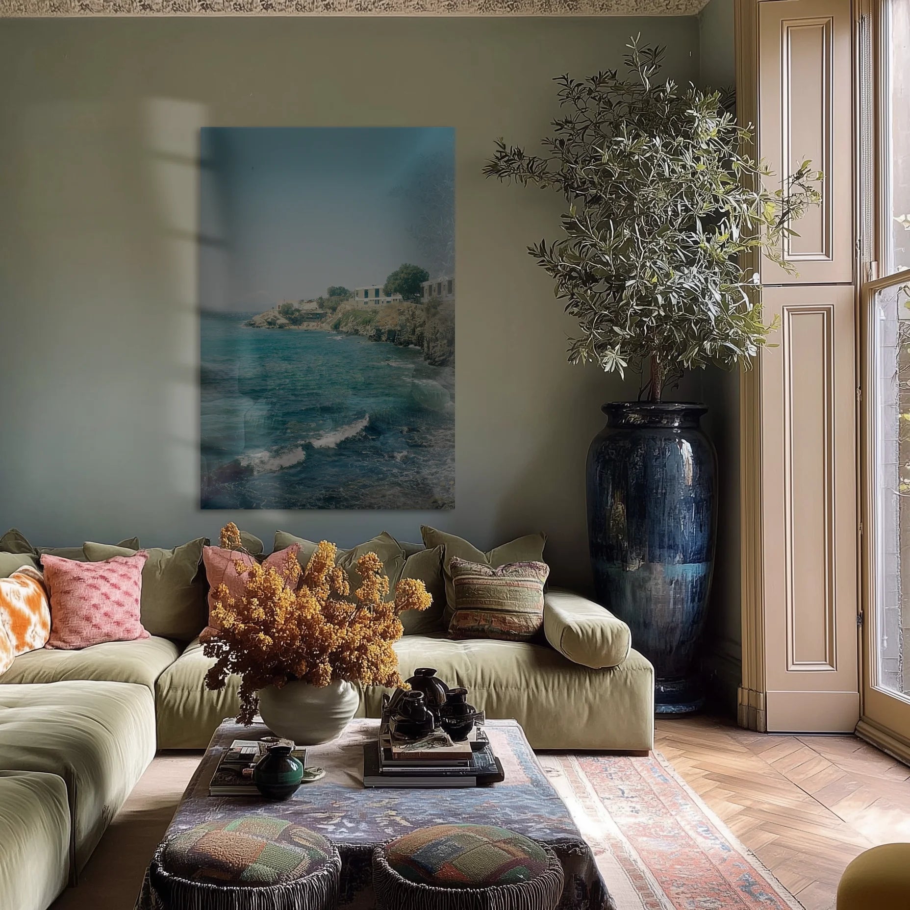 At the Edge in a sun-warmed loft above a travertine console table