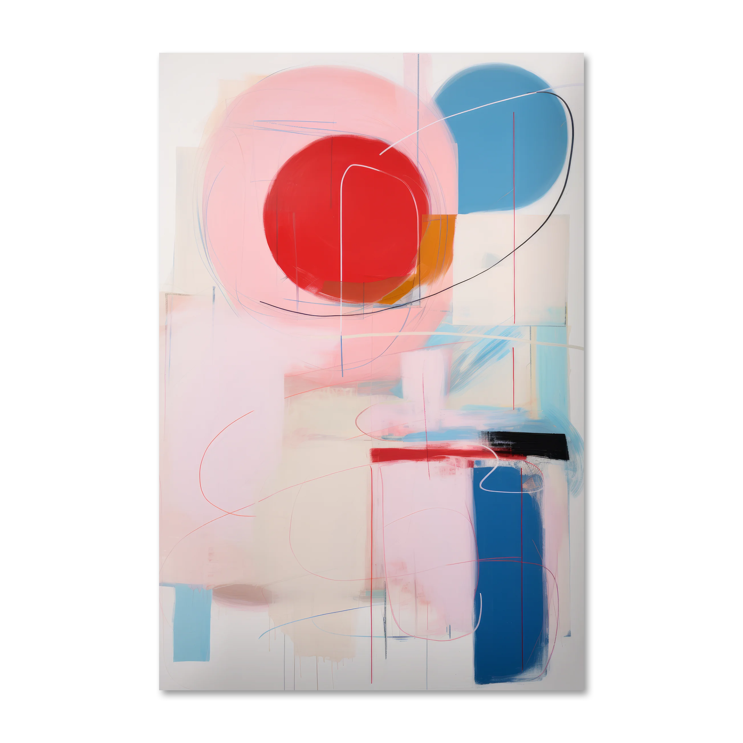 Ballouard 5 — contemporary abstract wall art in soft pink, cobalt and vermilion on Alu-Dibond