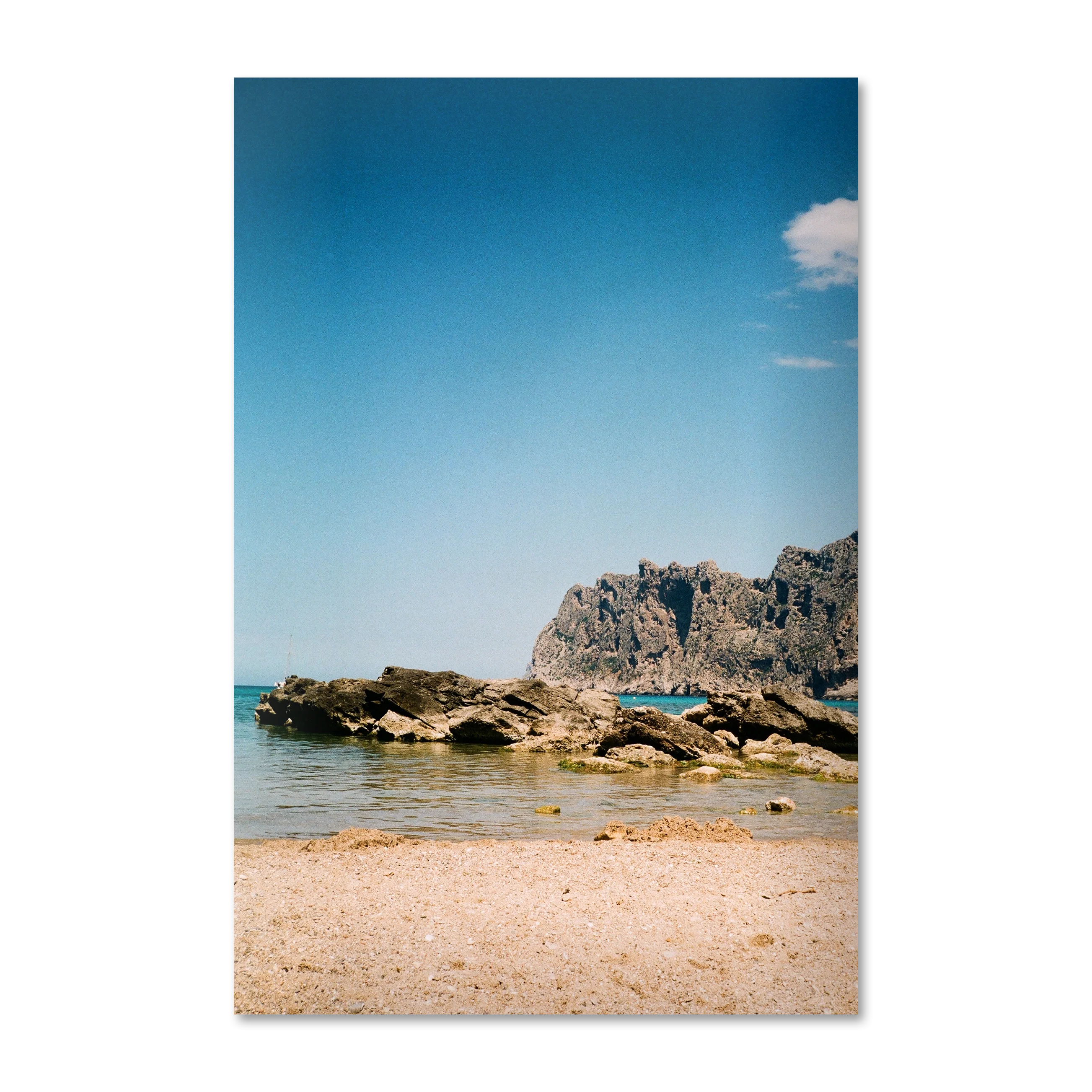 Mediterranean 0 Beach Afternoon — Mallorca cove on film, vertical wall art on Alu-Dibond