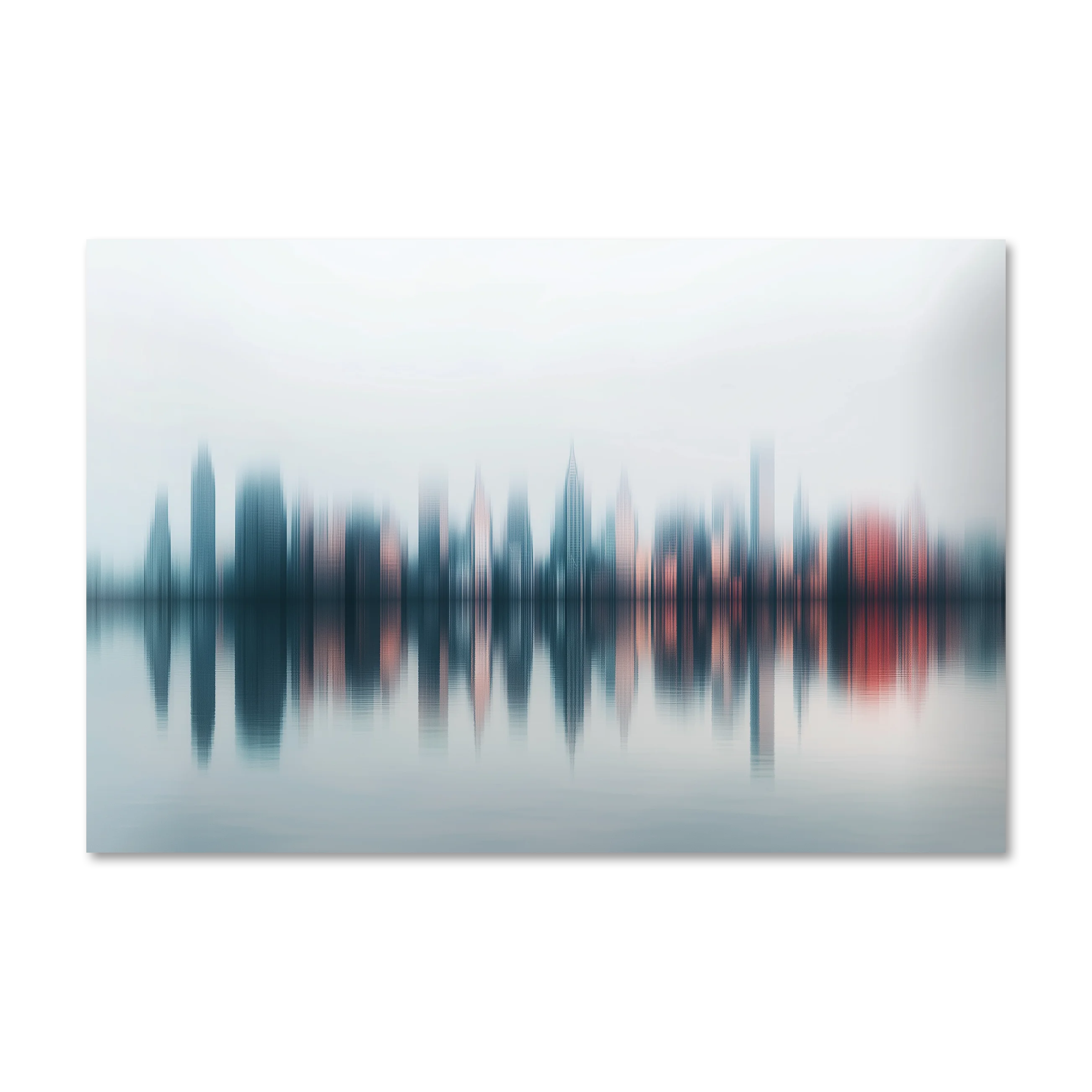 Blurry City #1 — abstract city skyline blurred to soft verticals and mirrored on still water, framed acrylic glass print