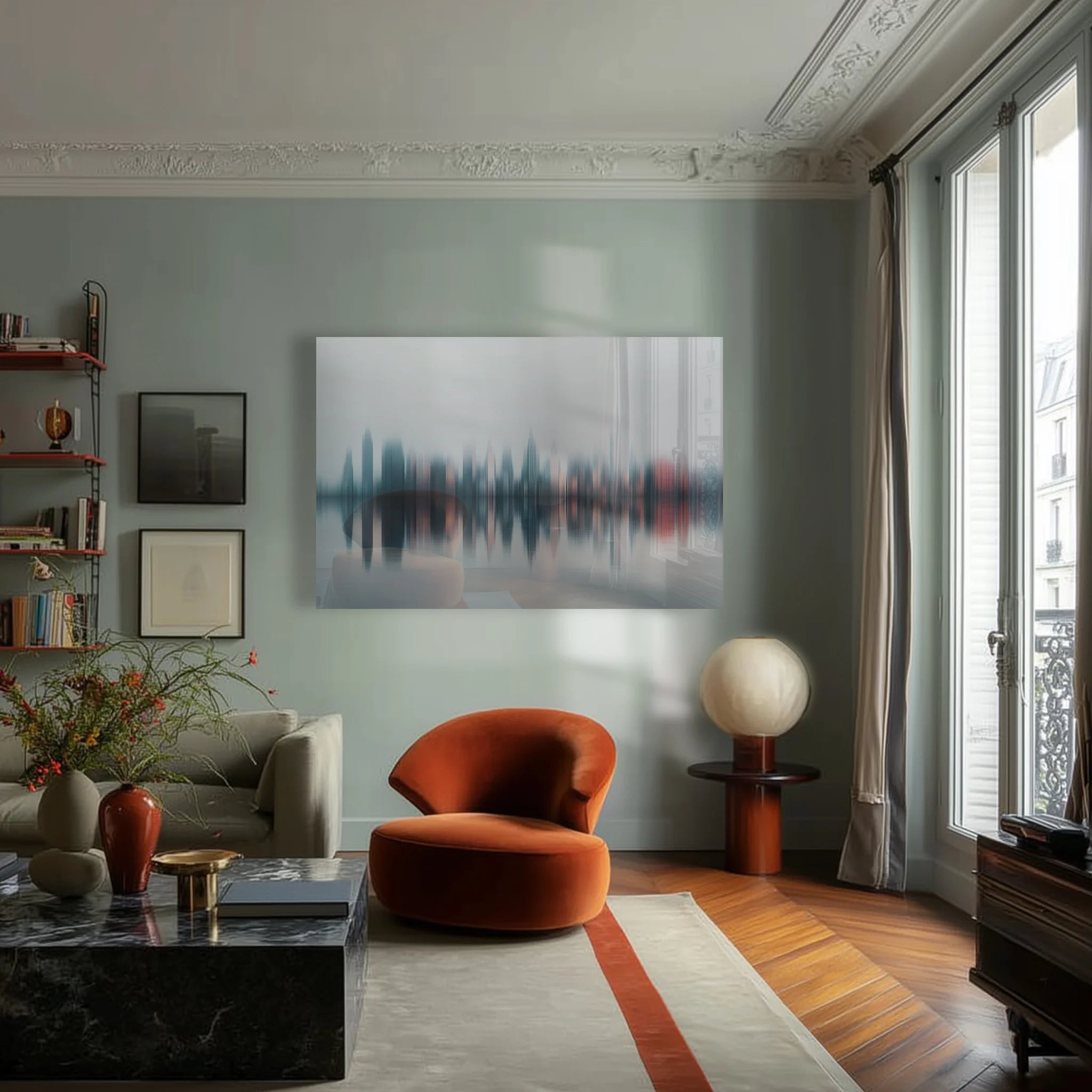 Blurry City #1 — abstract city skyline wall art in an interior scene 1