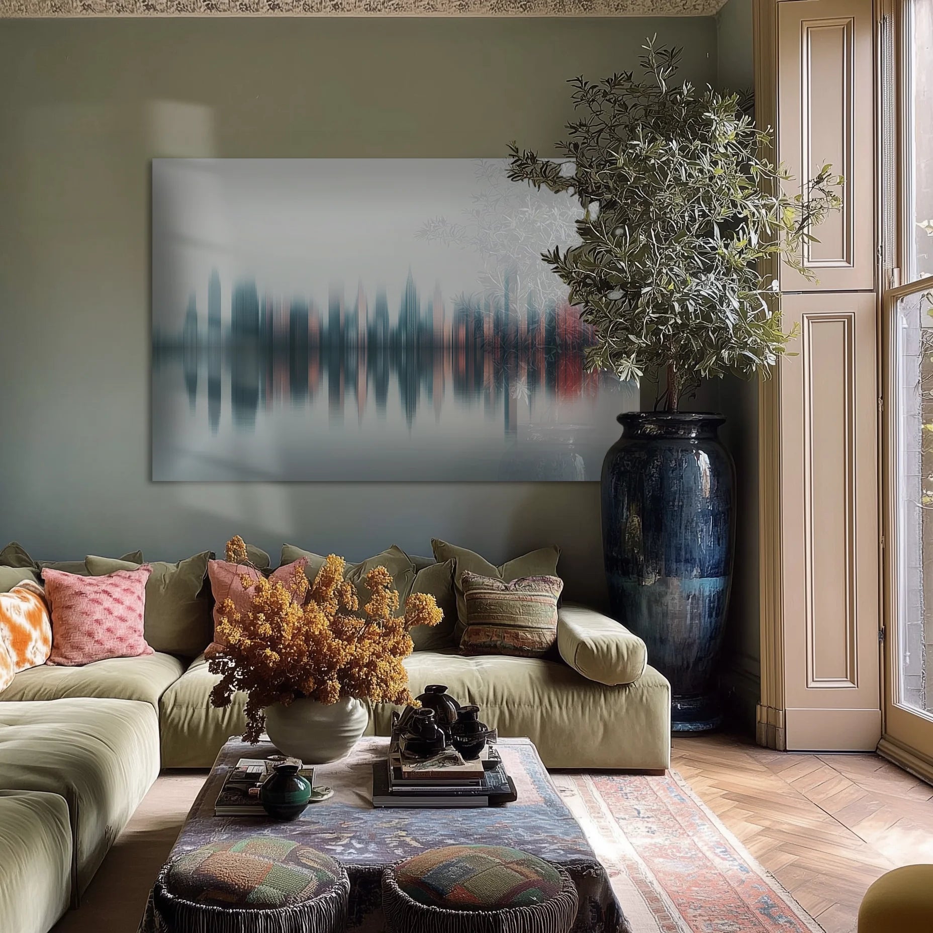 Blurry City #1 — abstract city skyline wall art in an interior scene 7