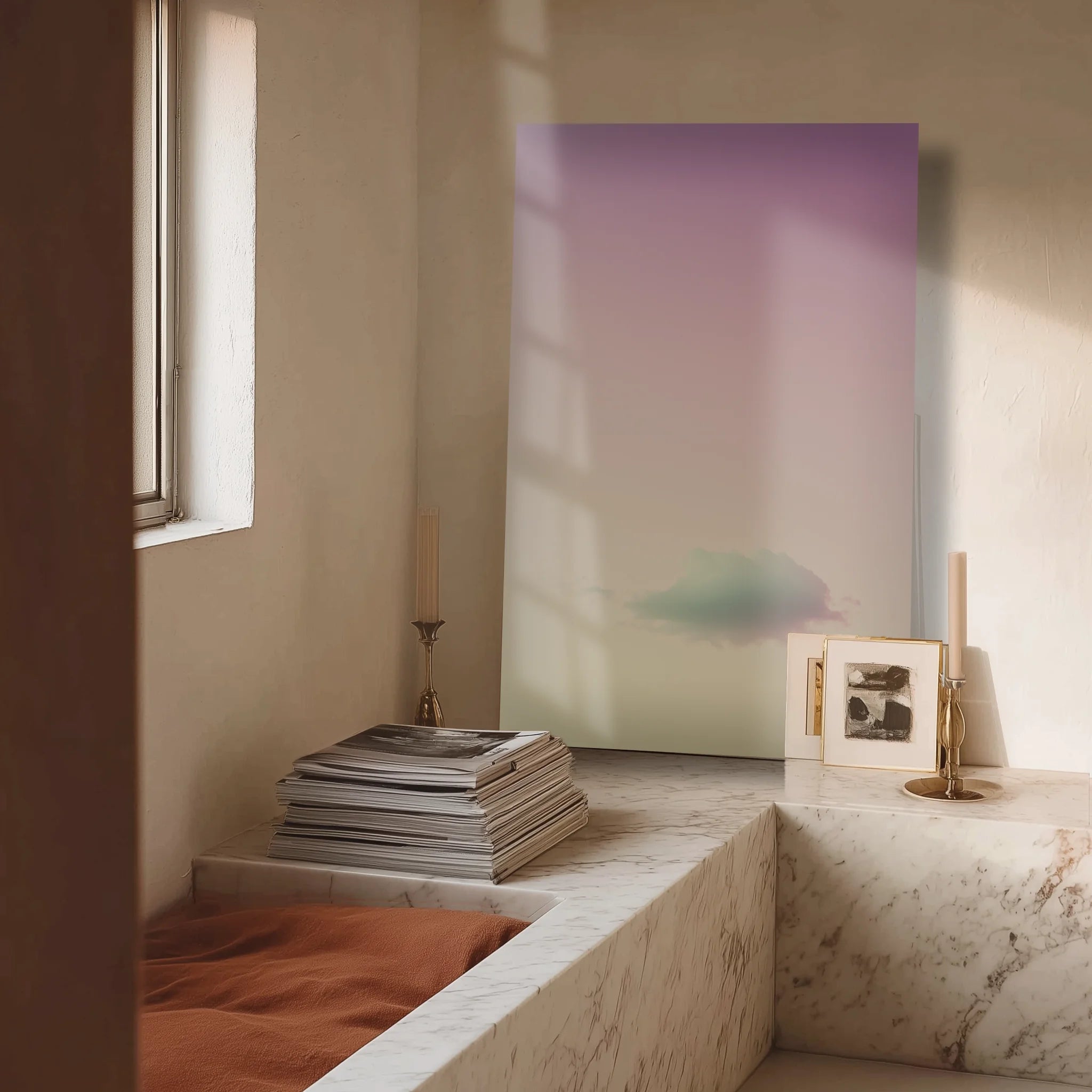 Cloudy Dream 1 over a slim console table in a soft cream-walled hallway