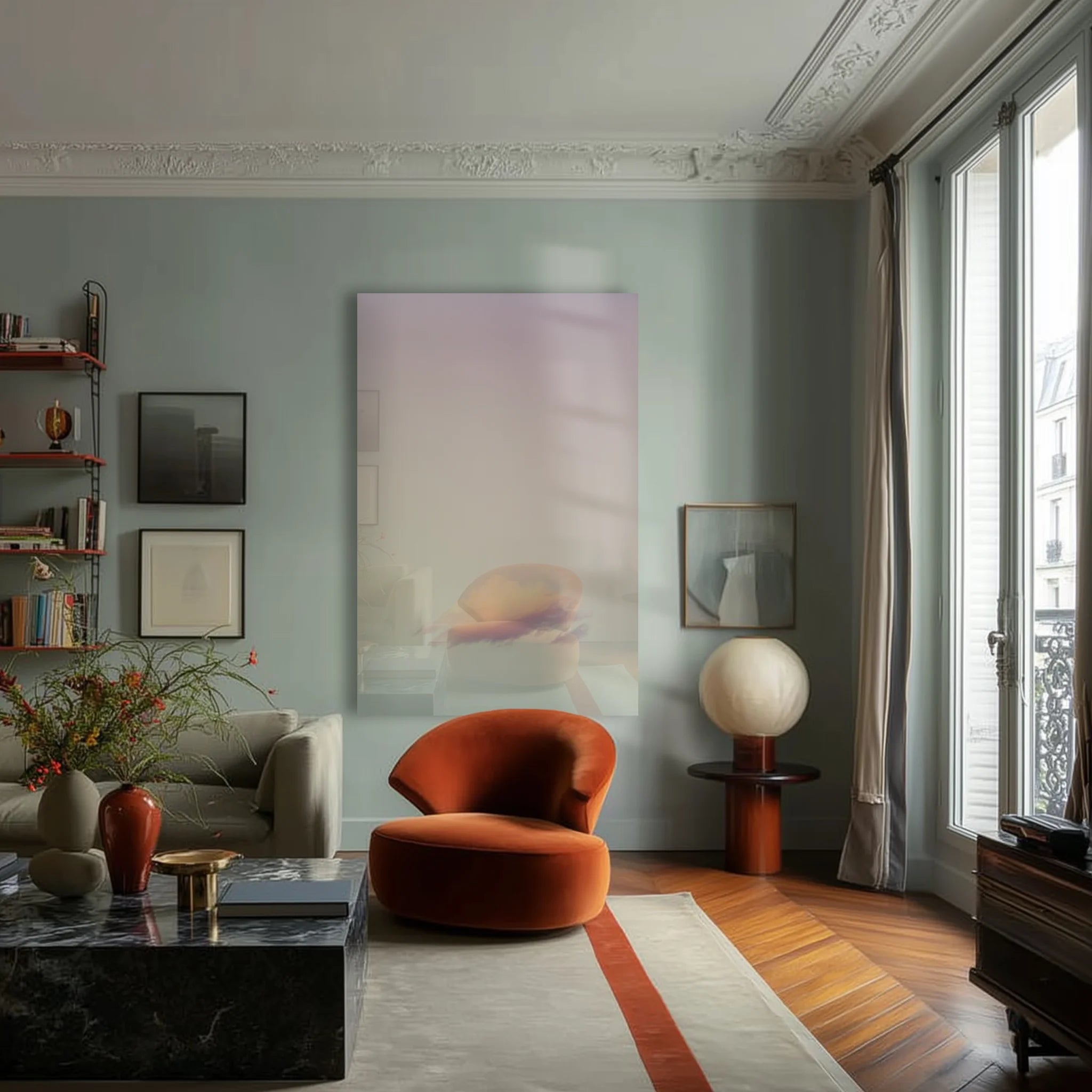 Cloudy Dream 2 above a wooden console with a single ceramic vase