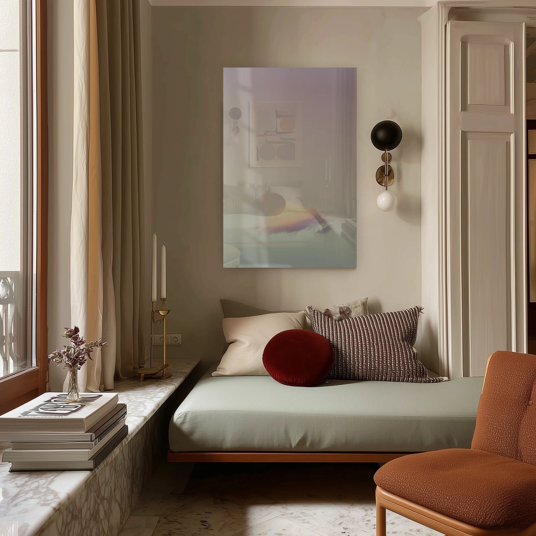 Cloudy Dream 2 in a soft Scandinavian bedroom above a low oak headboard