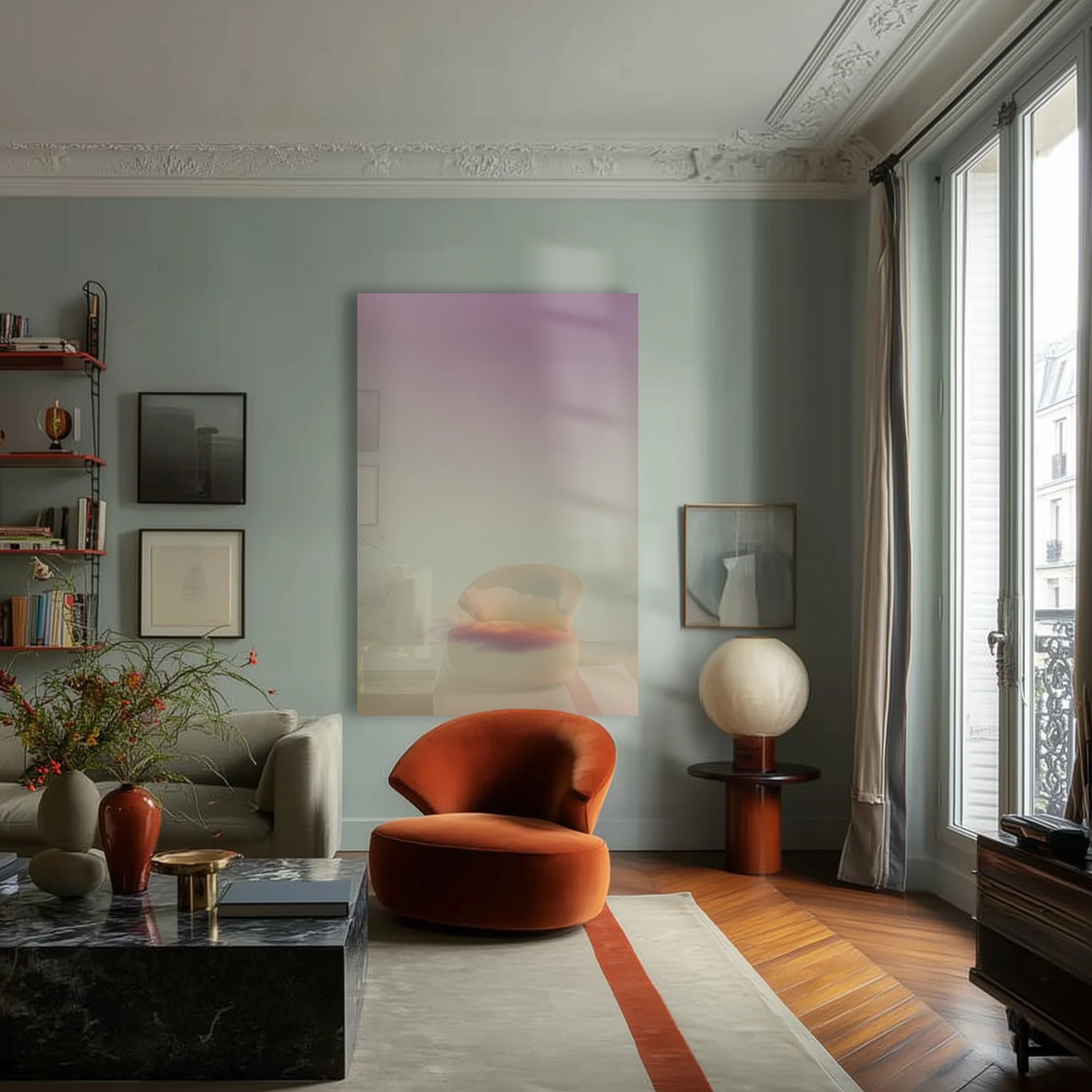 Cloudy Dream 3 in a soft-toned reading nook beside a vintage floor lamp