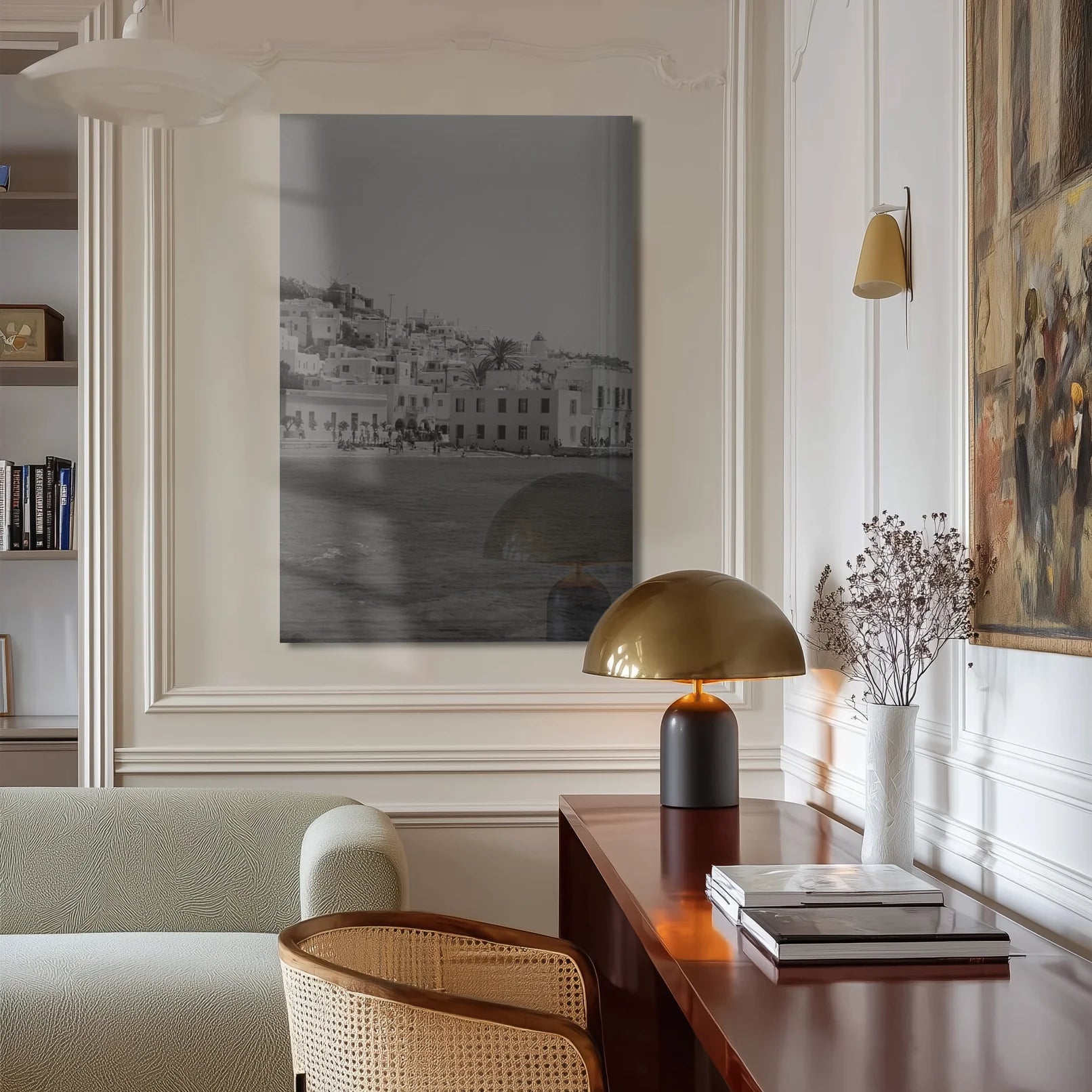 Colonnade in a bedroom over a low oak headboard, evening light