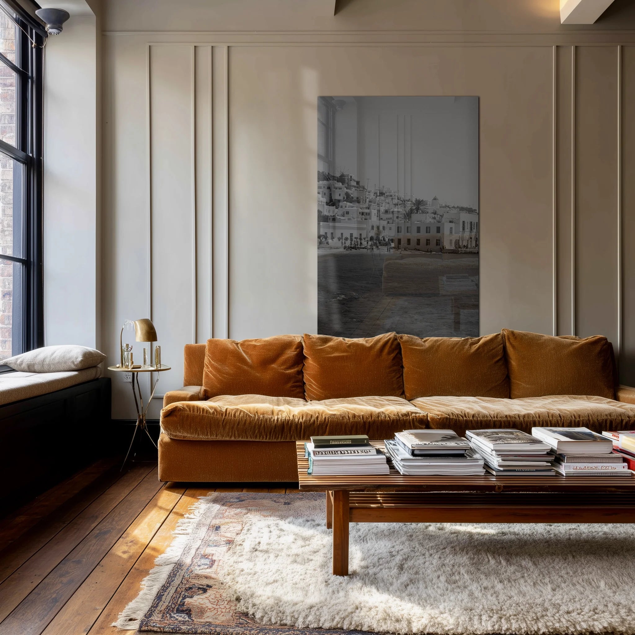 Colonnade in a coastal-toned reading nook with cream upholstery