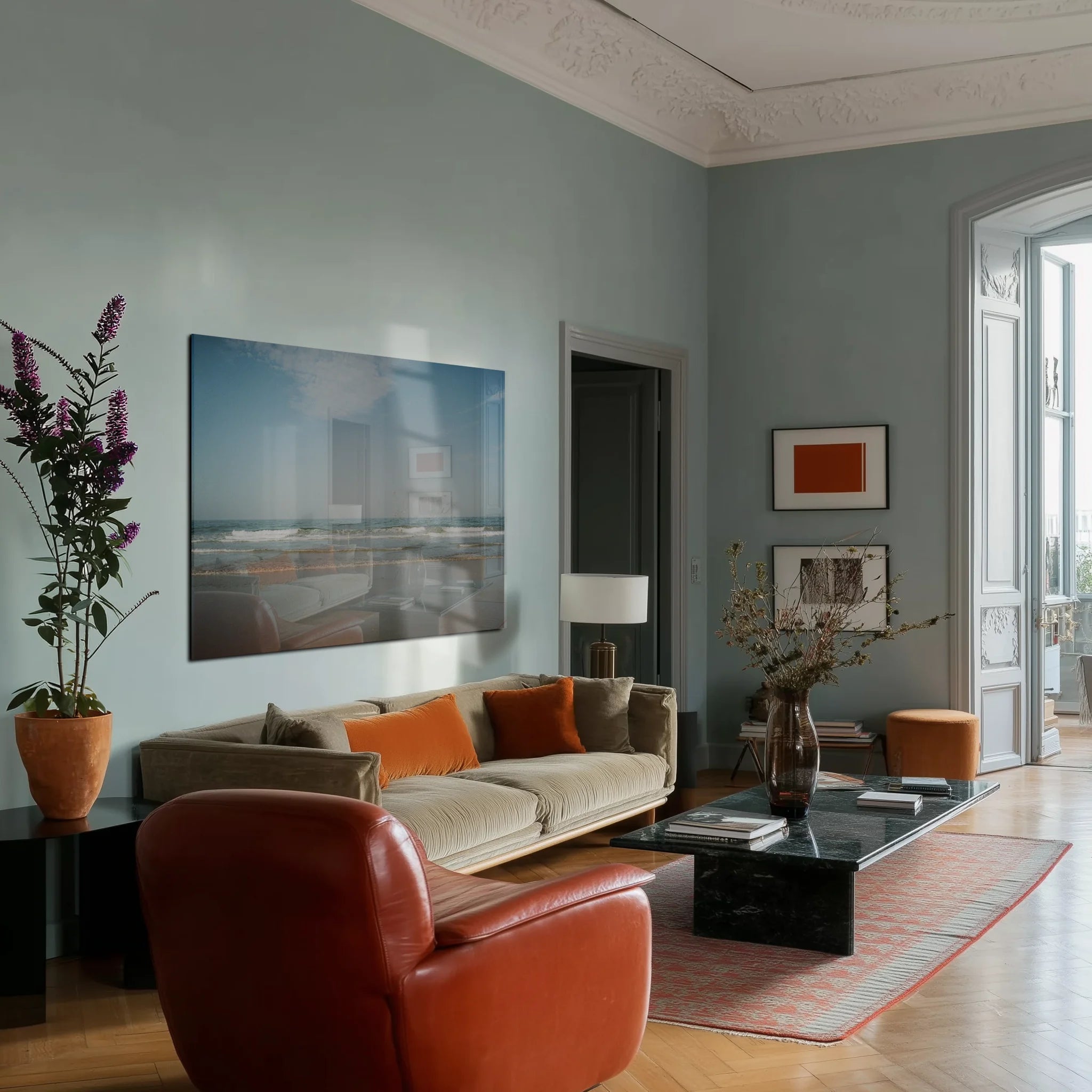 Distant Village over a walnut sideboard in a calm hallway with pale plaster walls