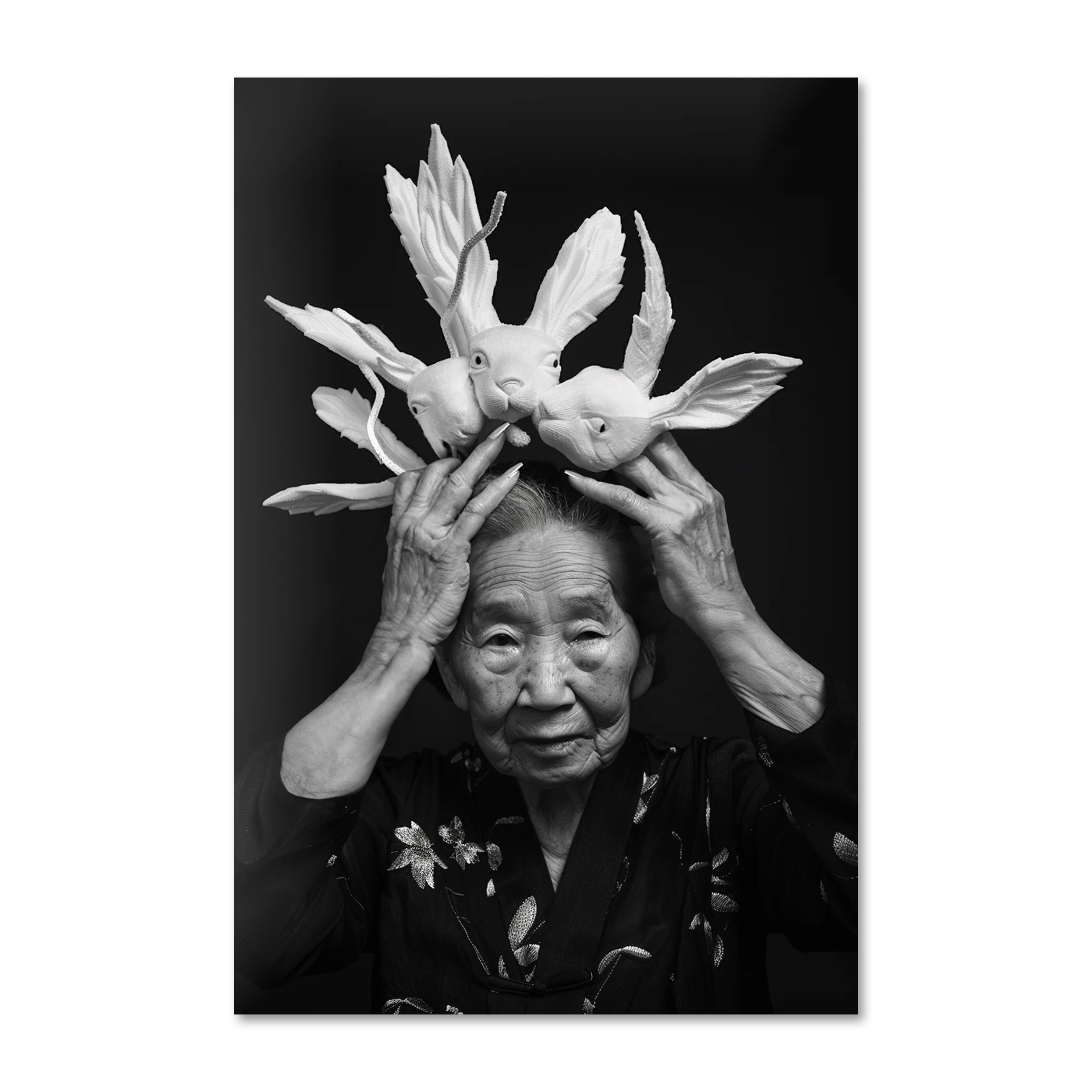 Elder's Whimsy 2 — black and white editorial portrait wall art on frameless Alu-Dibond