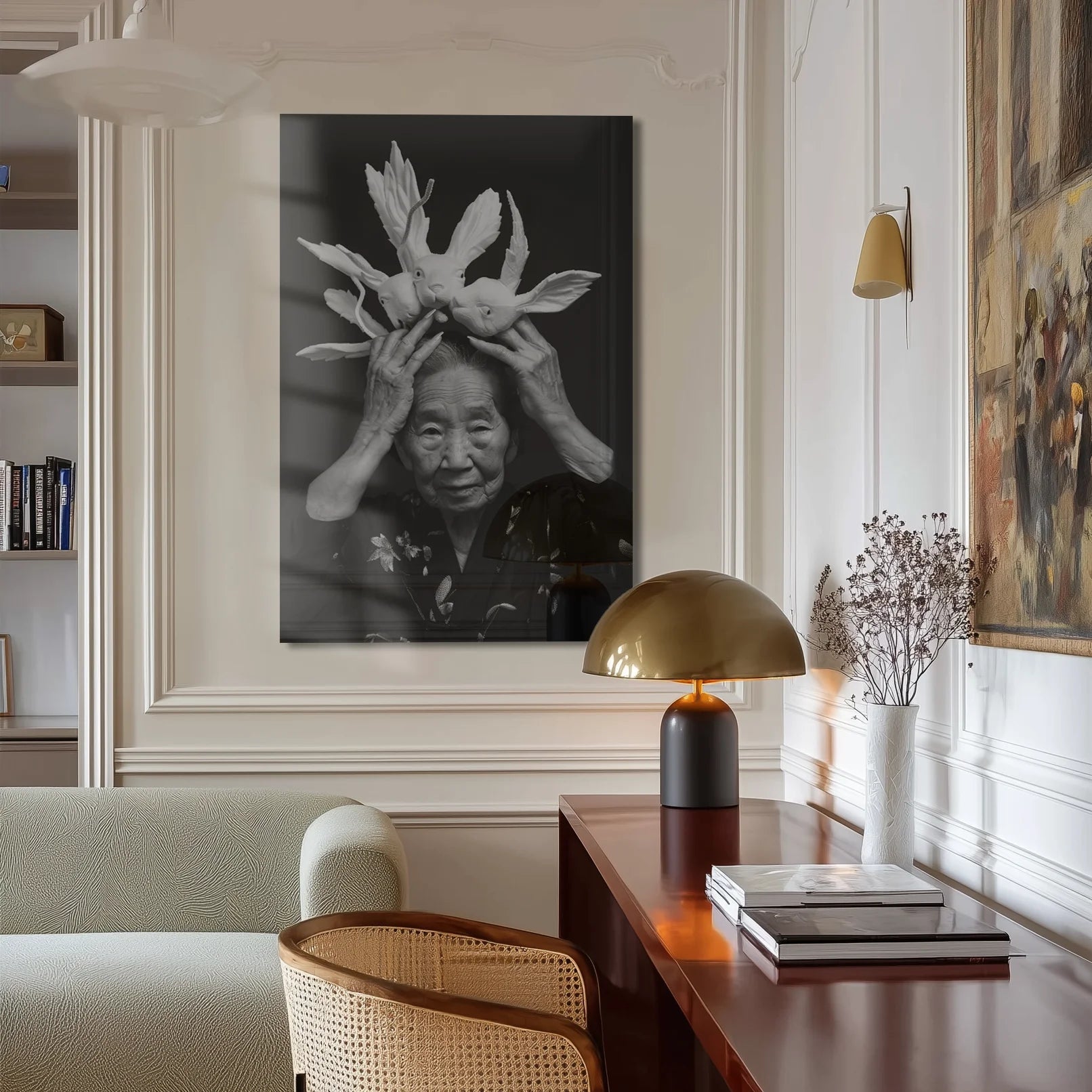 Elder's Whimsy 2 in a reading nook beside a vintage Eames lounge chair