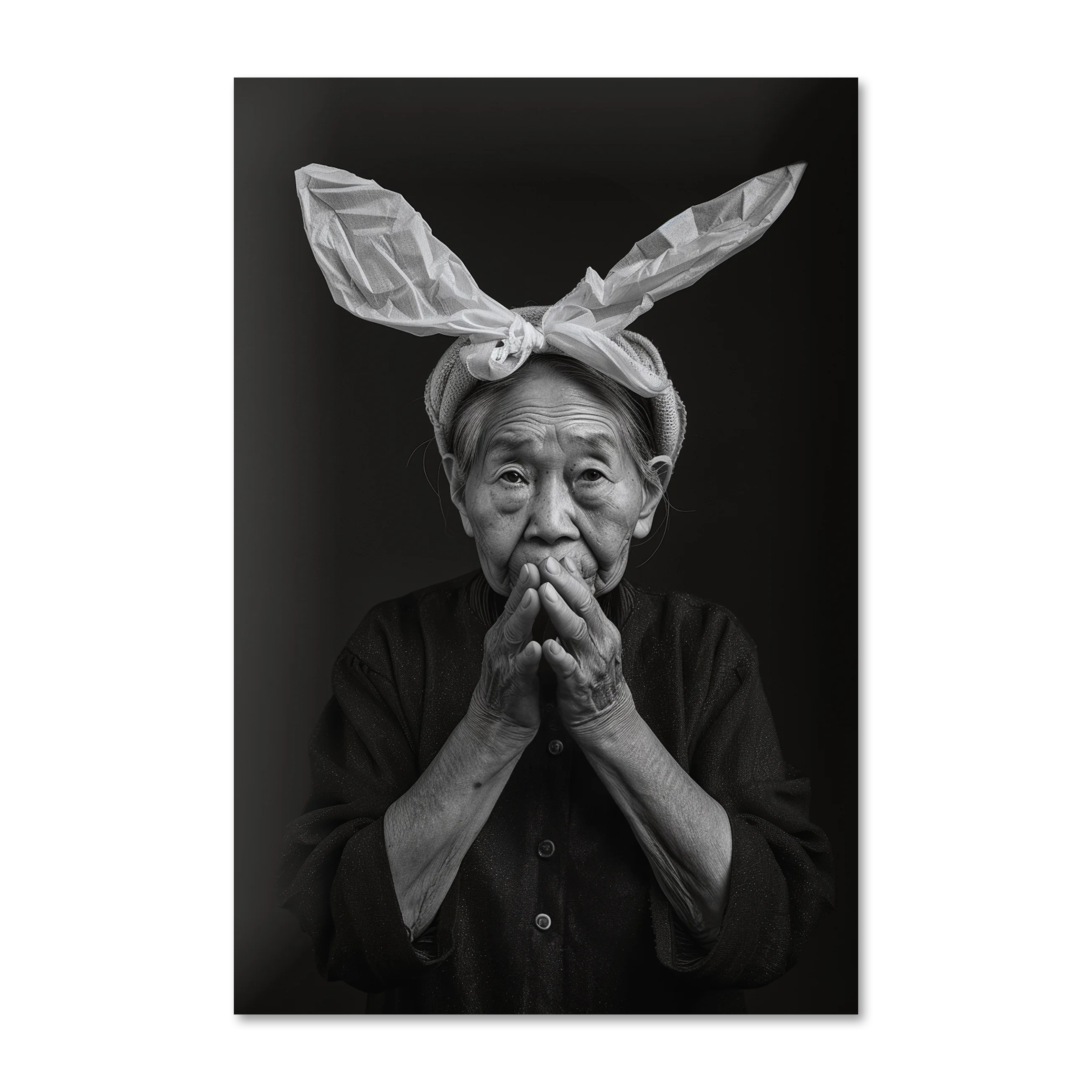 Elder's Whimsy 4 — black and white editorial portrait wall art on frameless Alu-Dibond