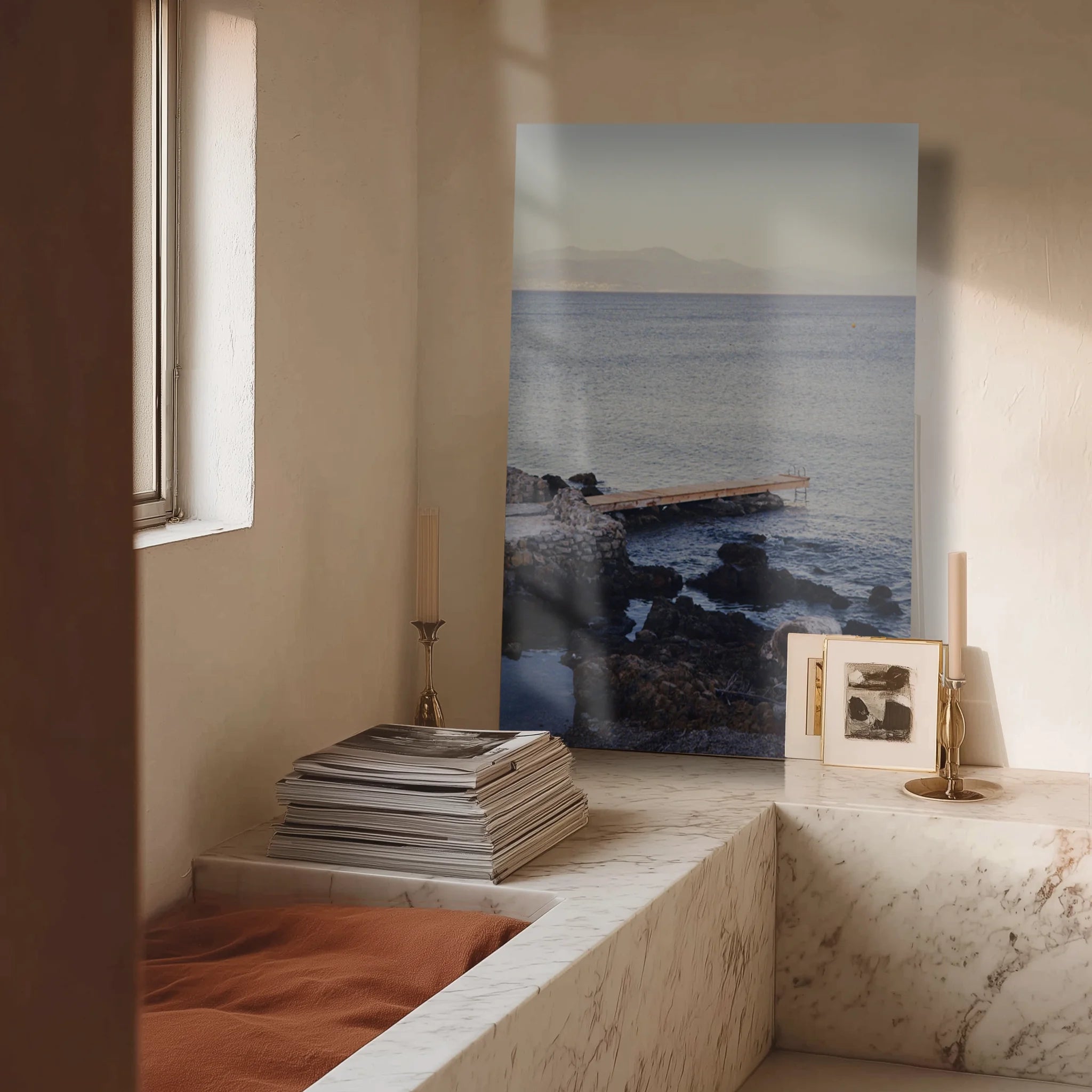 From Above in a warm reading nook beside a leather armchair