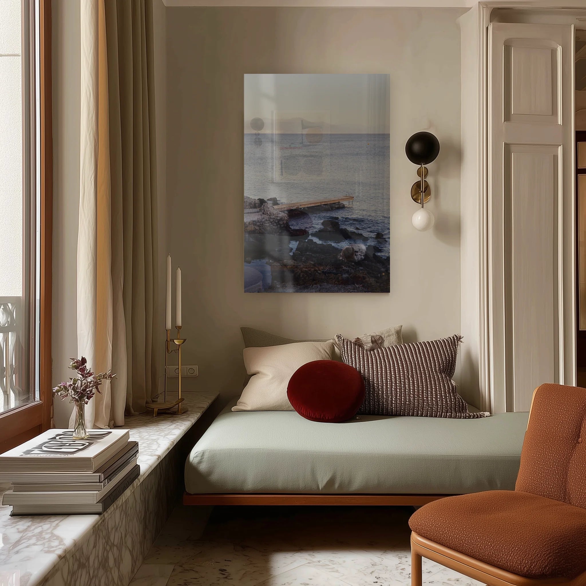 From Above in a soft entryway hall above a slim console table