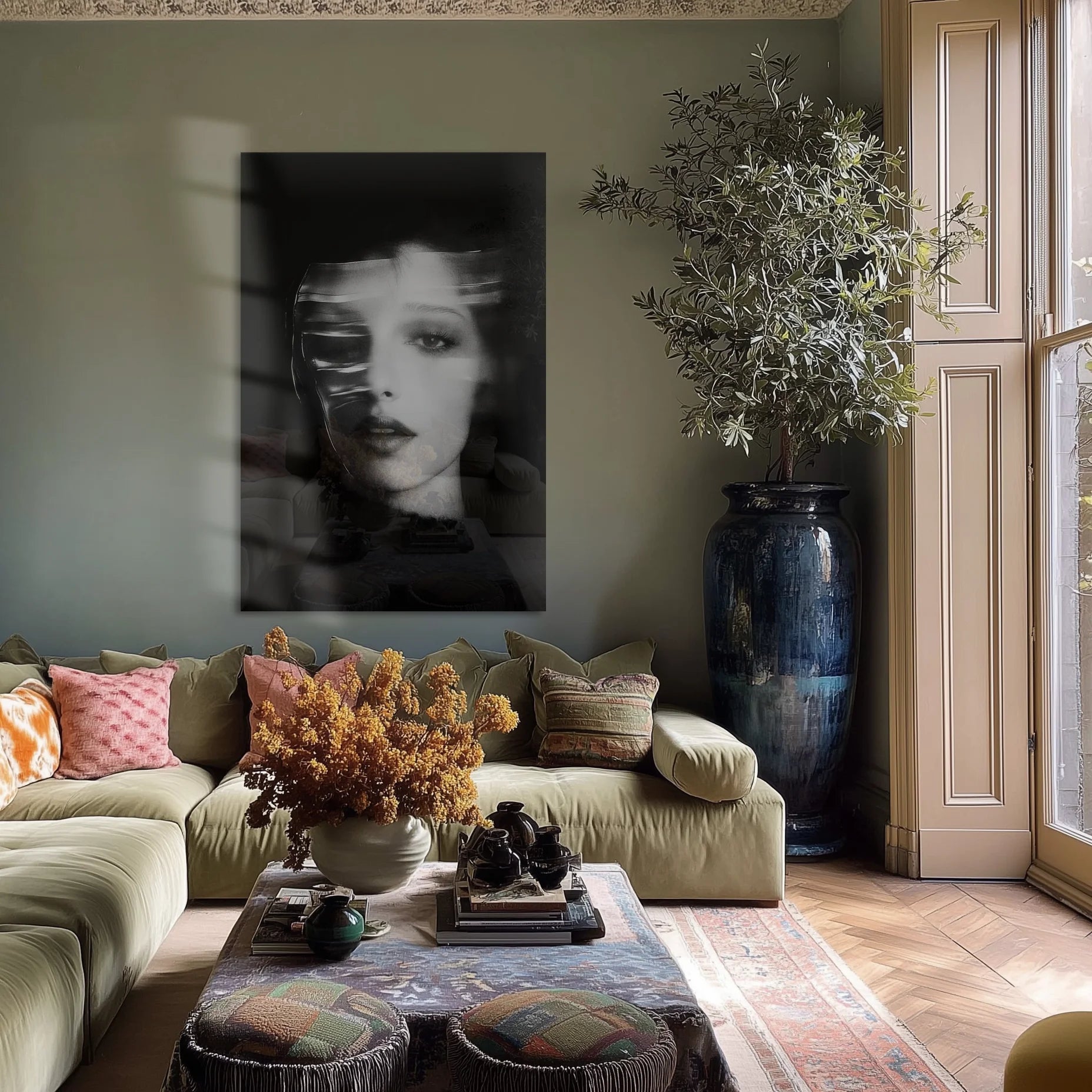 Ghosts Within 1 in a minimalist study above a walnut desk and Eames chair