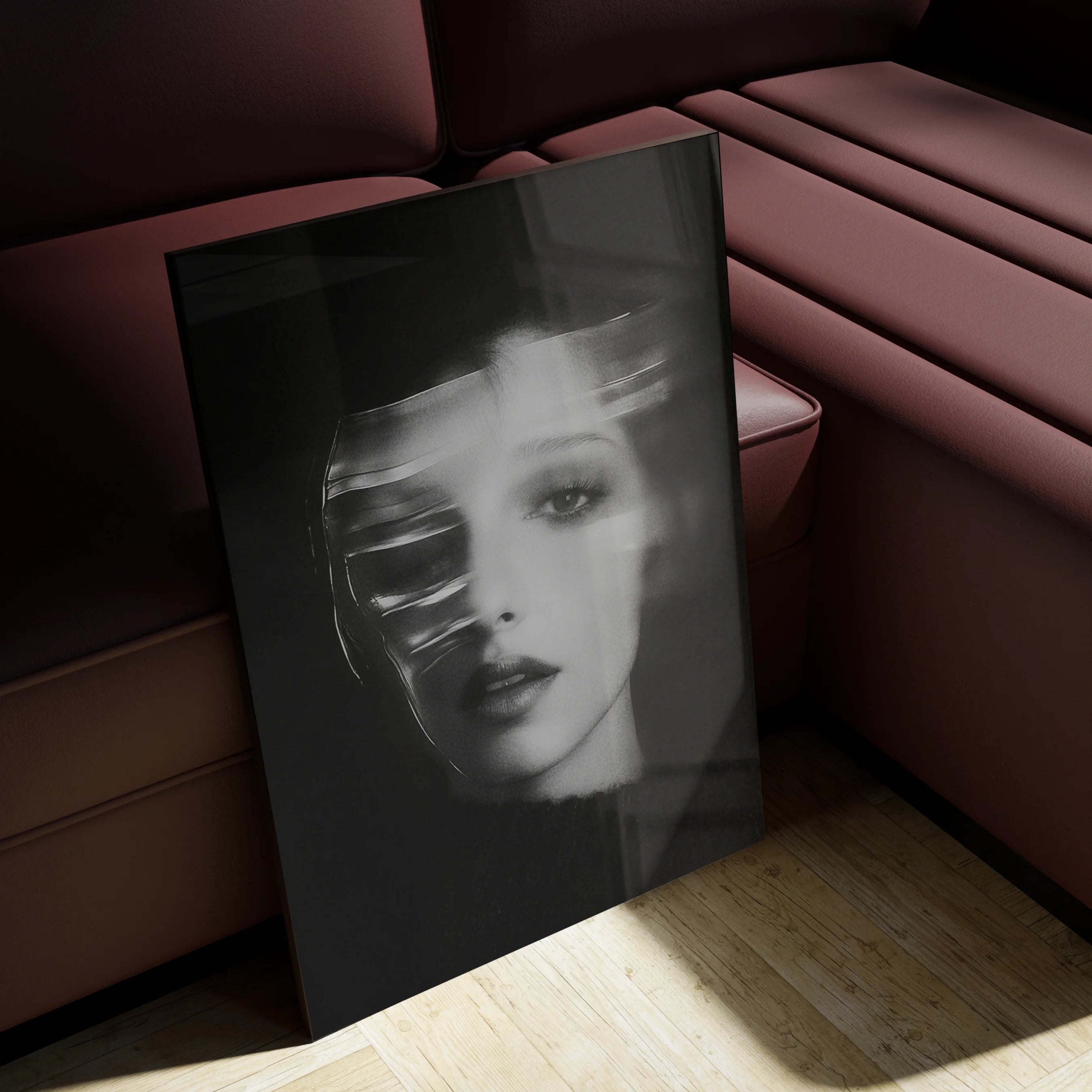 Ghosts Within 1 above a velvet armchair in a dark green library nook