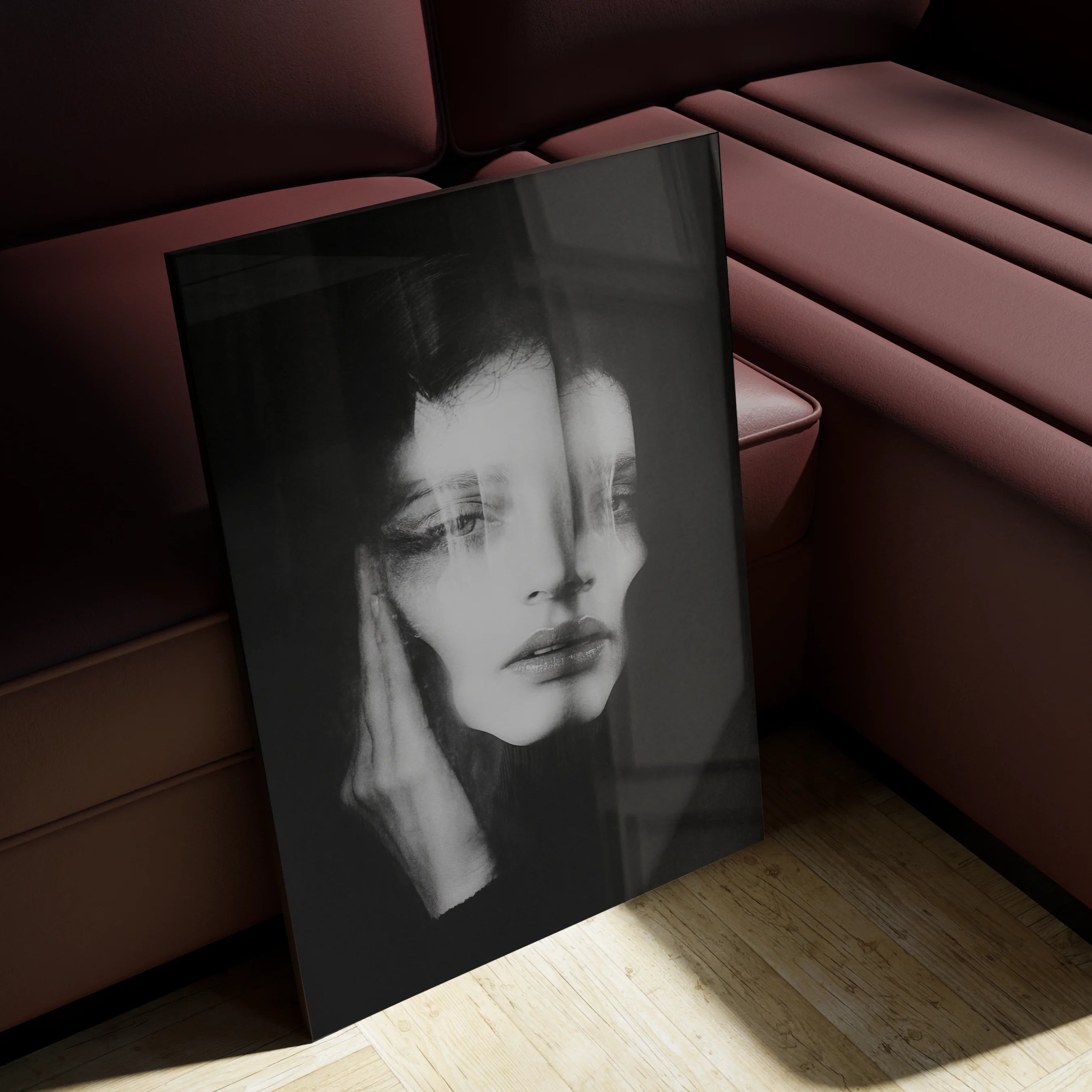 Ghosts Within 2 hanging in a minimalist bedroom with soft morning light on oak floors