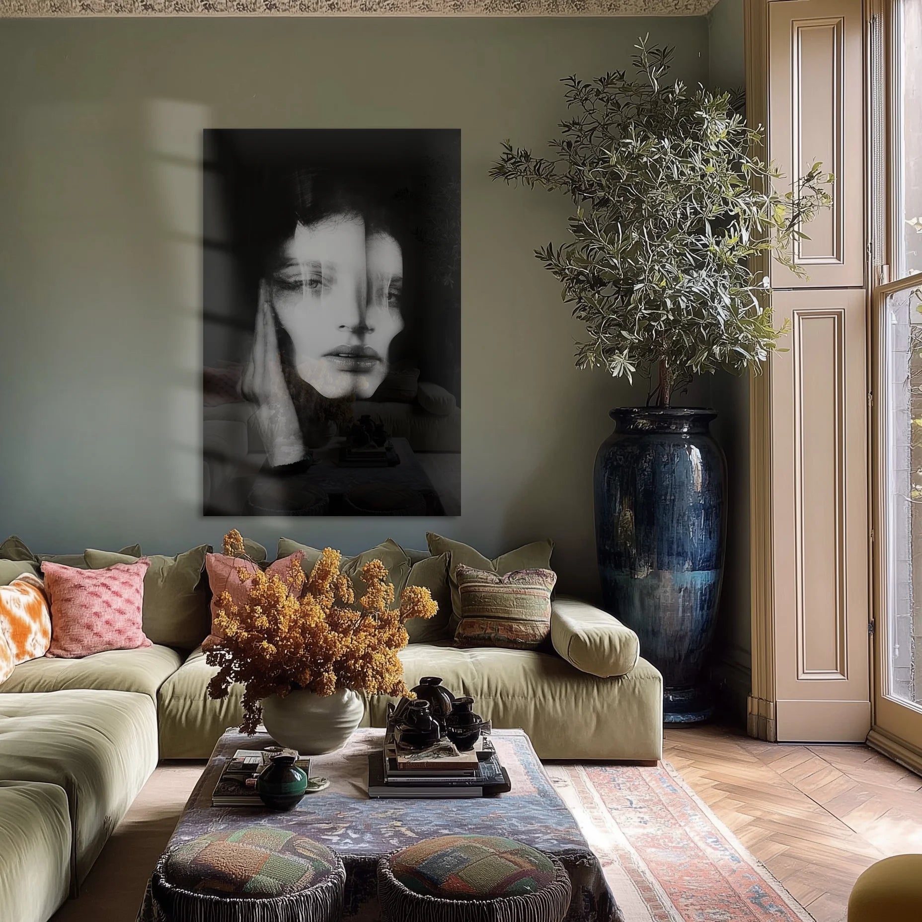 Ghosts Within 2 on a dark plaster wall above a vintage walnut sideboard and ceramic vase