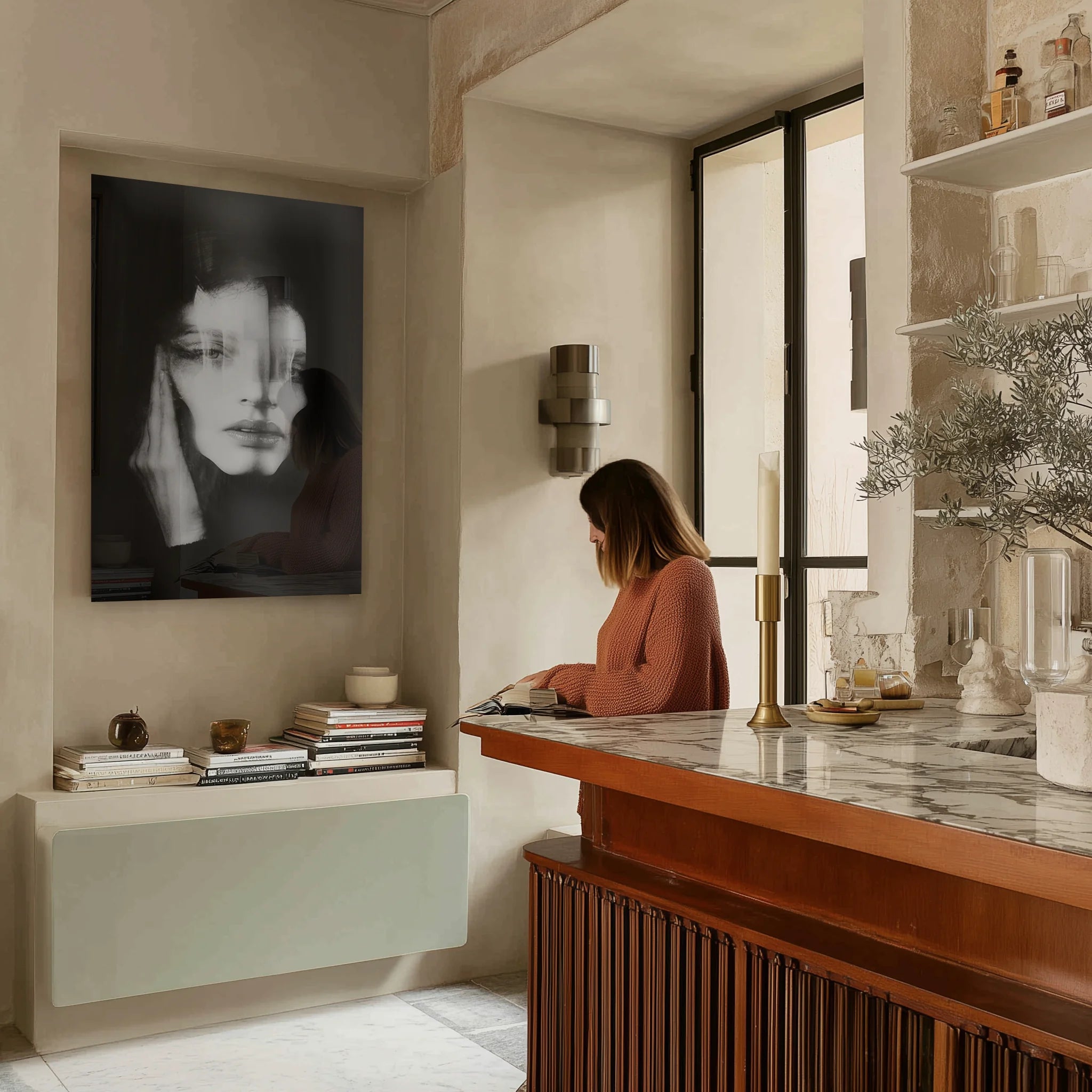 Ghosts Within 2 in a quiet study with leather chair, brass lamp, and stacked monographs