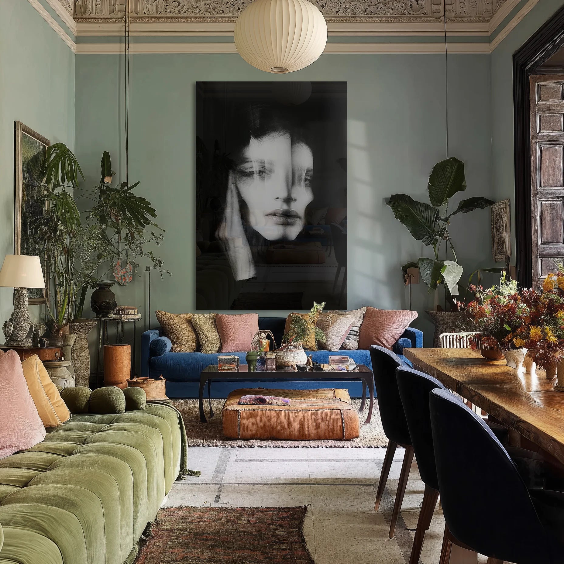 Ghosts Within 2 above a marble console in an entryway with woven runner and dried branches