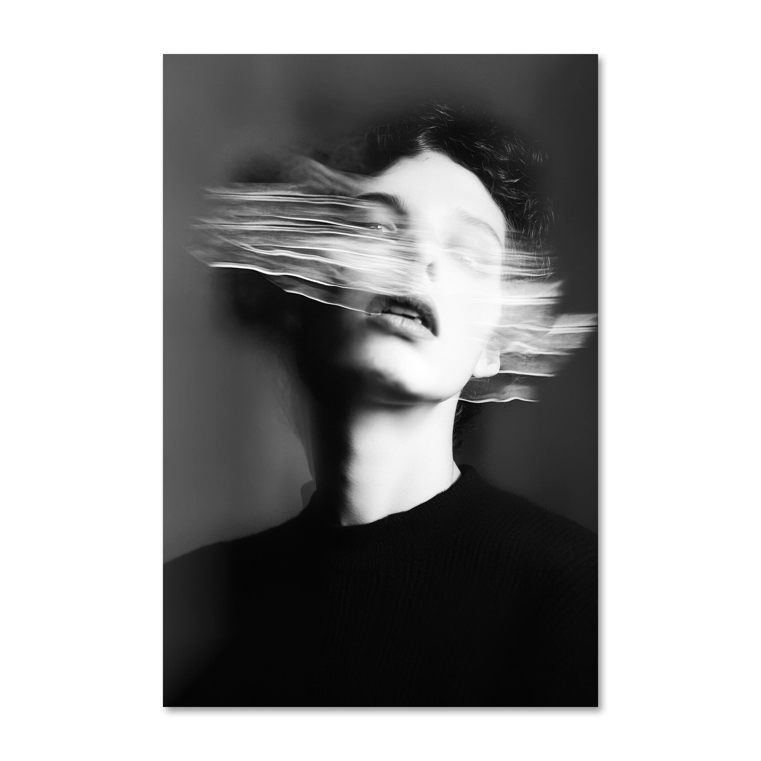 Ghosts Within 6 — ethereal black and white portrait wall art with motion blur on frameless Alu-Dibond