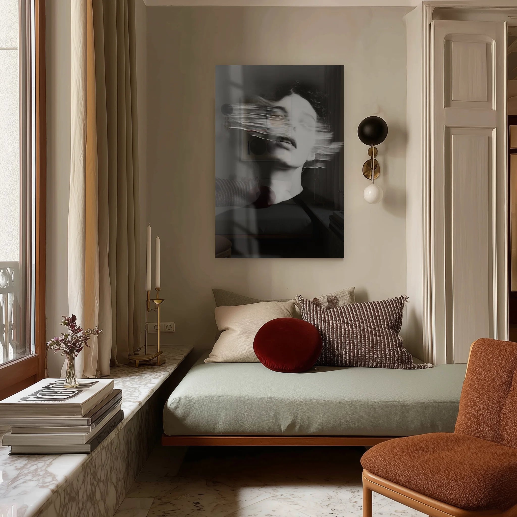 Ghosts Within 6 anchoring a moody studio wall beside a black leather lounge chair