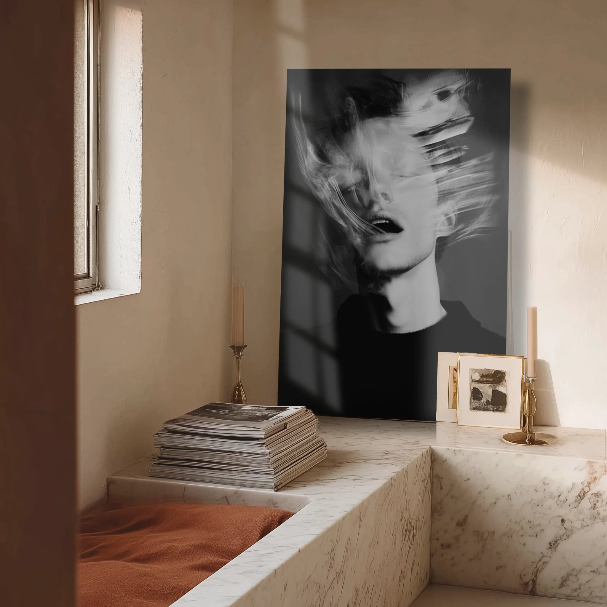 Ghosts Within 9 in a tonal living space with bouclé chair and warm lamp glow