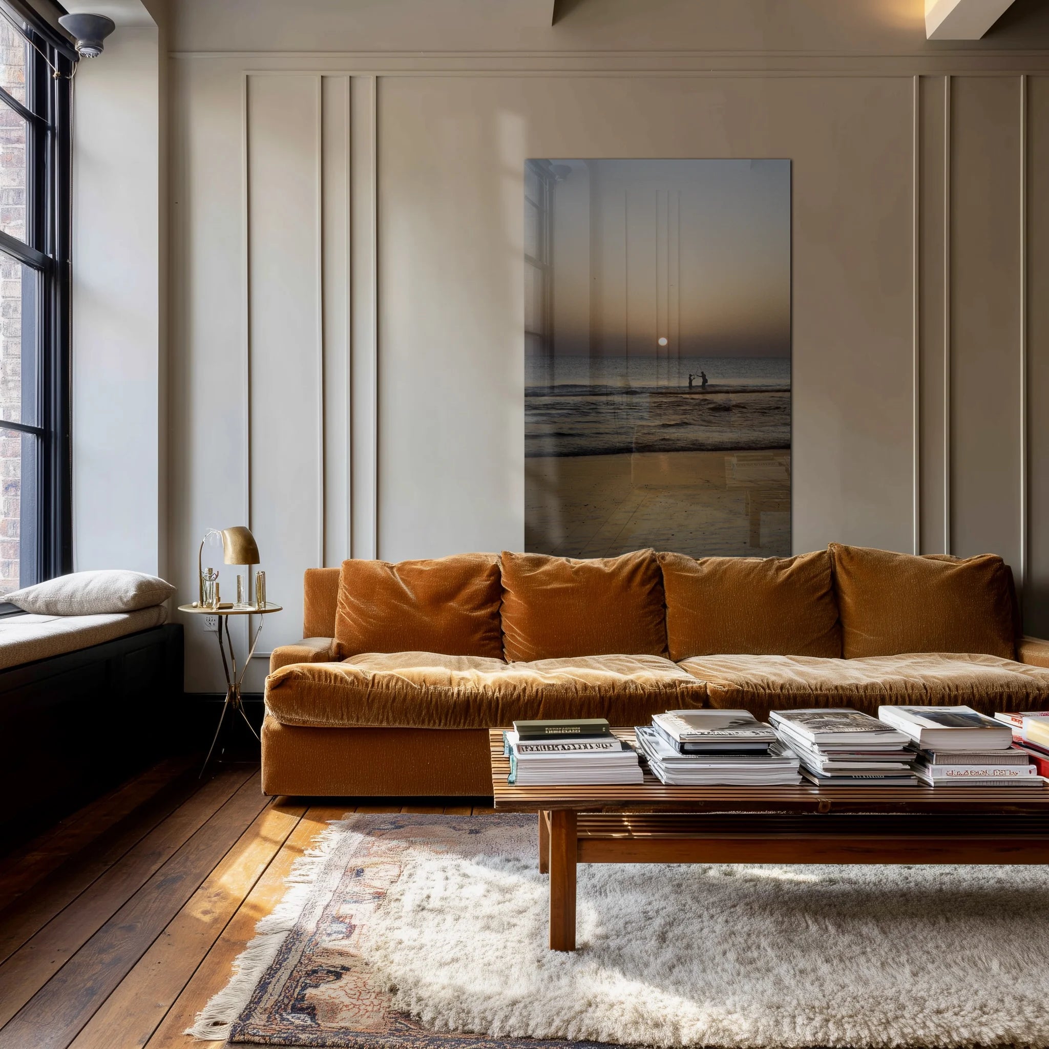 Mediterranean Golden Hour above a linen sofa in a warm Berlin altbau living room at dusk