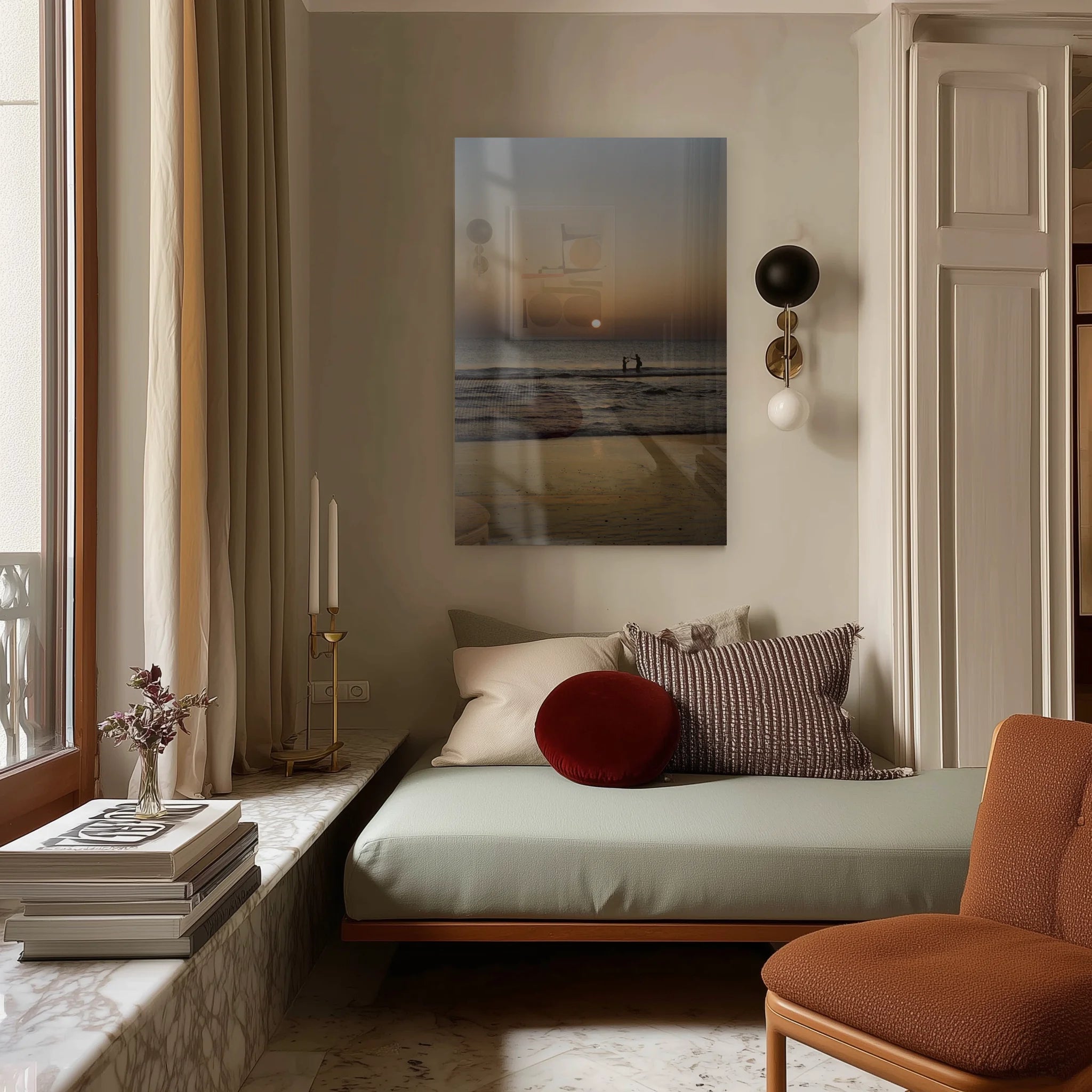 Mediterranean Golden Hour in a sunlit dining room above a walnut sideboard